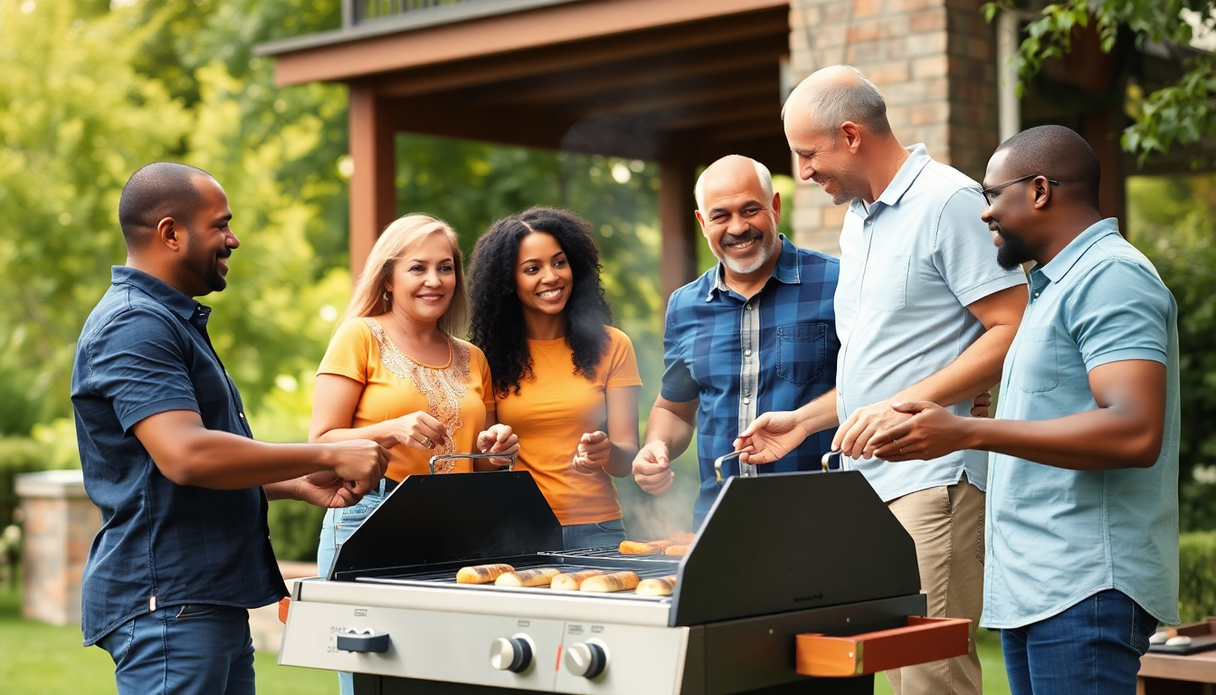 A mixed race family gathered around a BBQ grill outdoors