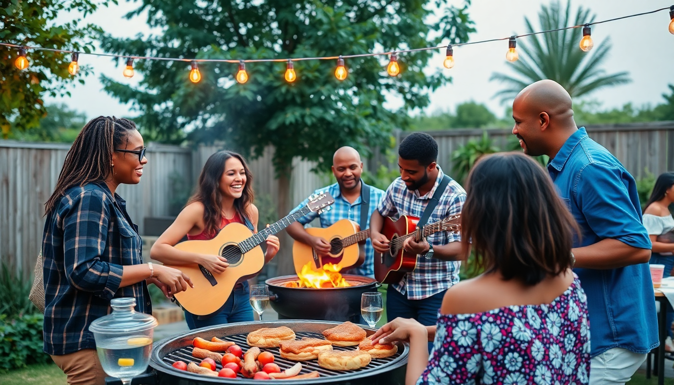 A vibrant outdoor BBQ gathering with mixed race friends enjoying music