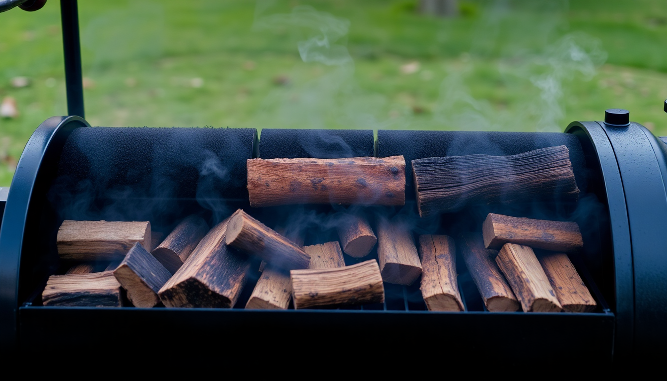 different types of wood smoking on a smoker during the seasoning process