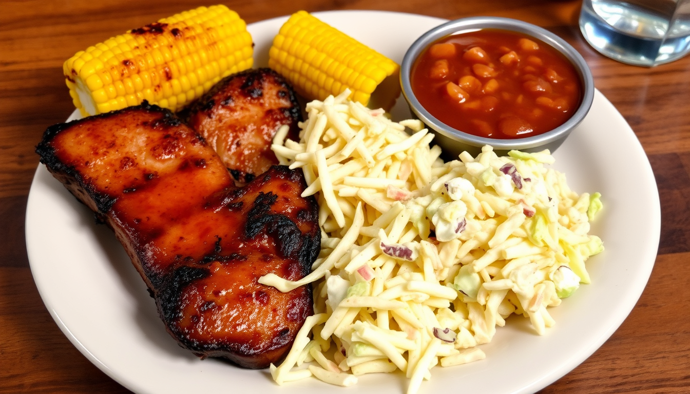 Grilled chicken thighs with a sweet and savory glaze, served with grilled corn on the cob, coleslaw, and a side of baked beans.