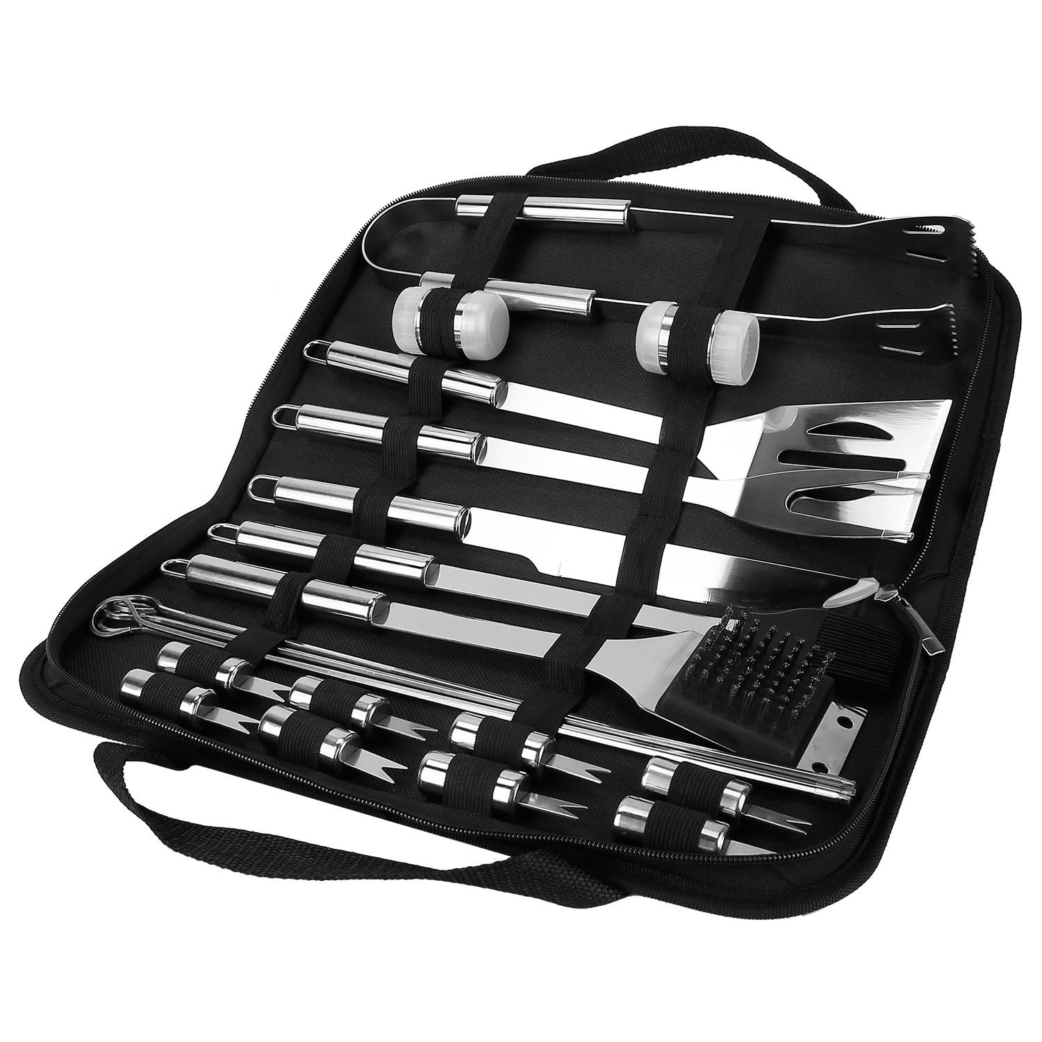 Stainless steel BBQ grill tool kit with various utensils in a convenient carrying case