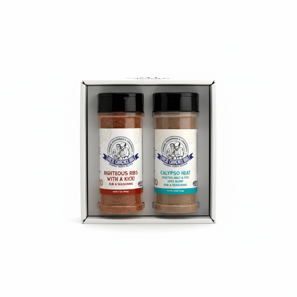 Two - Spice Gift Box – Righteous Ribs with a Kick & Calypso Heat Jerk Rub | Uncle Clarence BBQ - Uncle Clarence BBQ