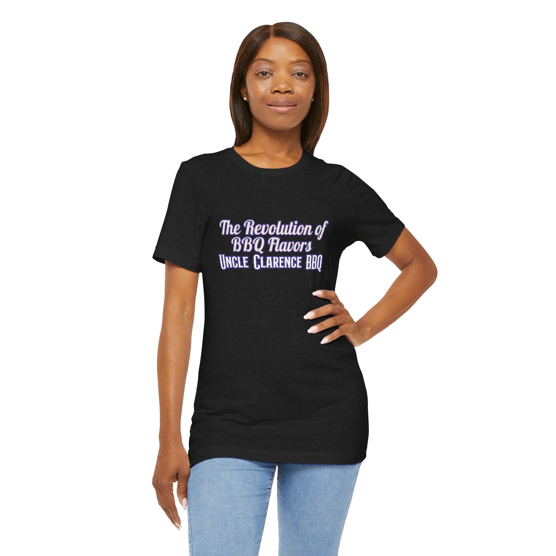 Black Revolution BBQ flavors t-shirt featuring Uncle Clarence BBQ text for food enthusiasts