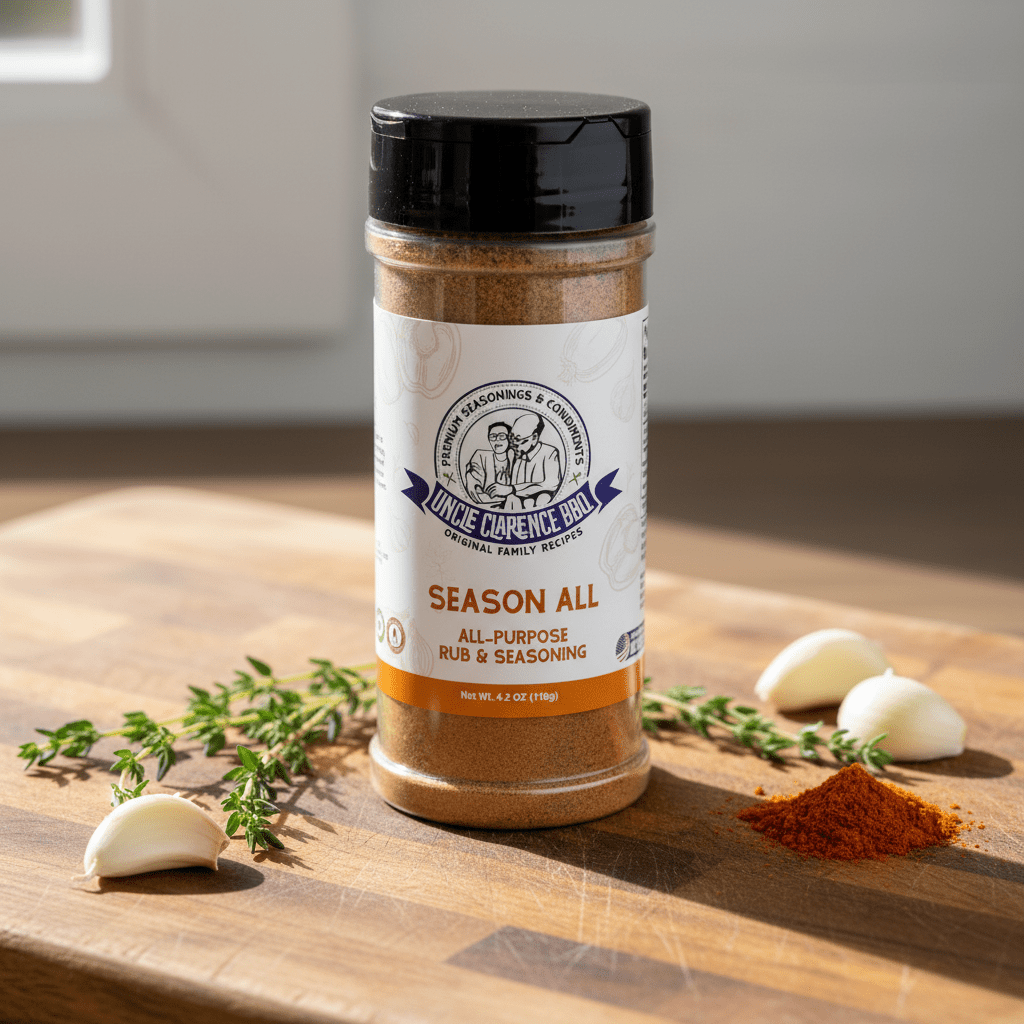 Uncle Clarence BBQ Season All – All - Purpose Herb & Spice Blend, Low - Sodium (60 mg), Kosher Certified, 4.2 oz - Uncle Clarence BBQ