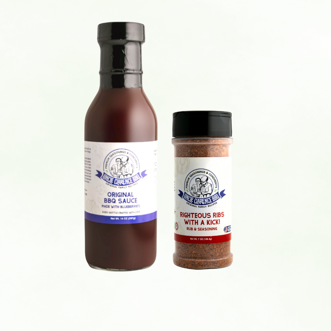 Uncle Cl original BBQ sauce and righteous ribs rub and seasoning unique barbecue sauce gift set
