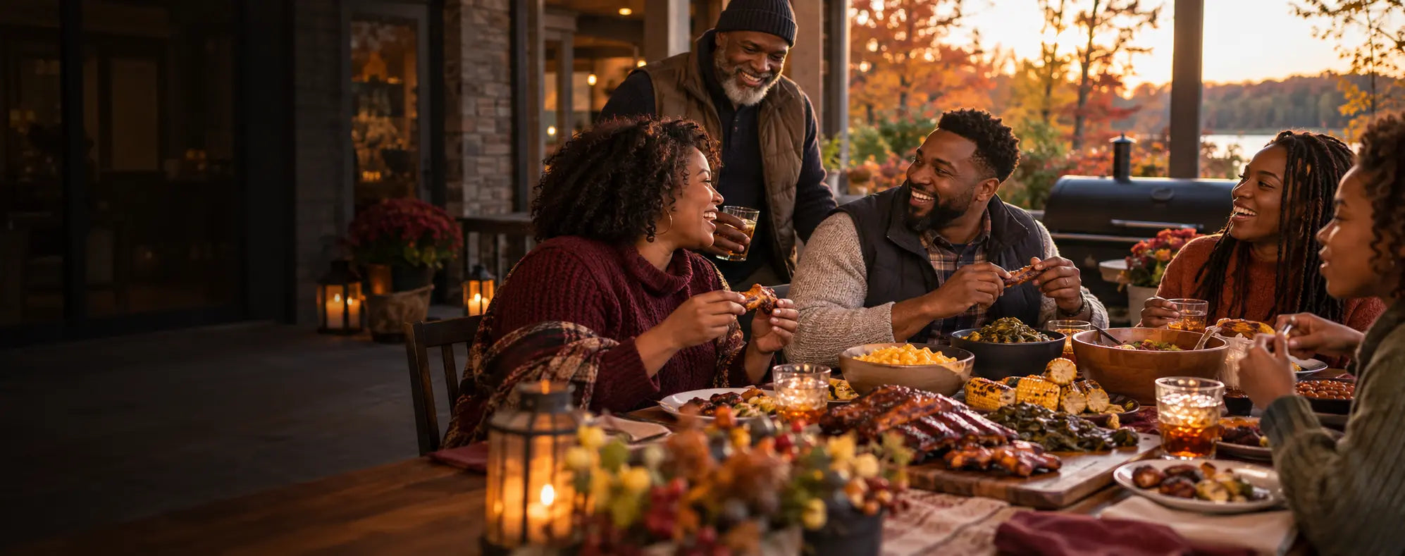 Family and friends gathering around an Uncle Clarence BBQ meal in autumn