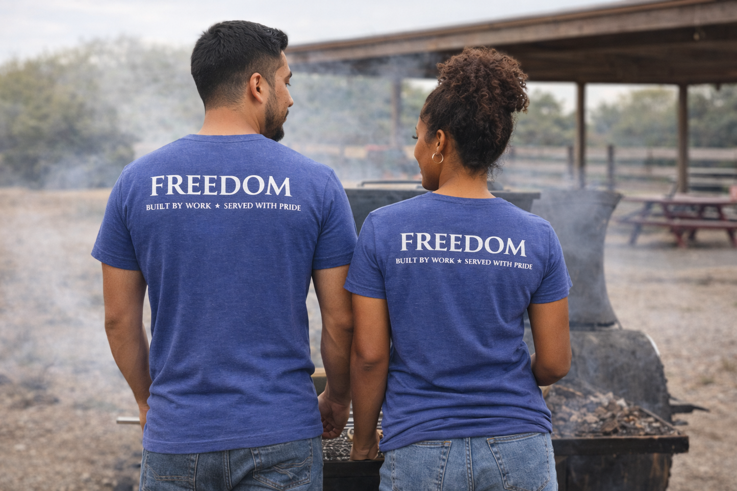 Freedom V‑Neck Tee –FreedomWear™ “Built by Work” V-Neck T-Shirt | Uncle Clarence BBQ Subtle Back Text Patriotic Casual Shirt