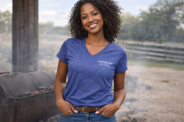 Freedom V‑Neck Tee –FreedomWear™ “Built by Work” V-Neck T-Shirt | Uncle Clarence BBQ Subtle Back Text Patriotic Casual Shirt