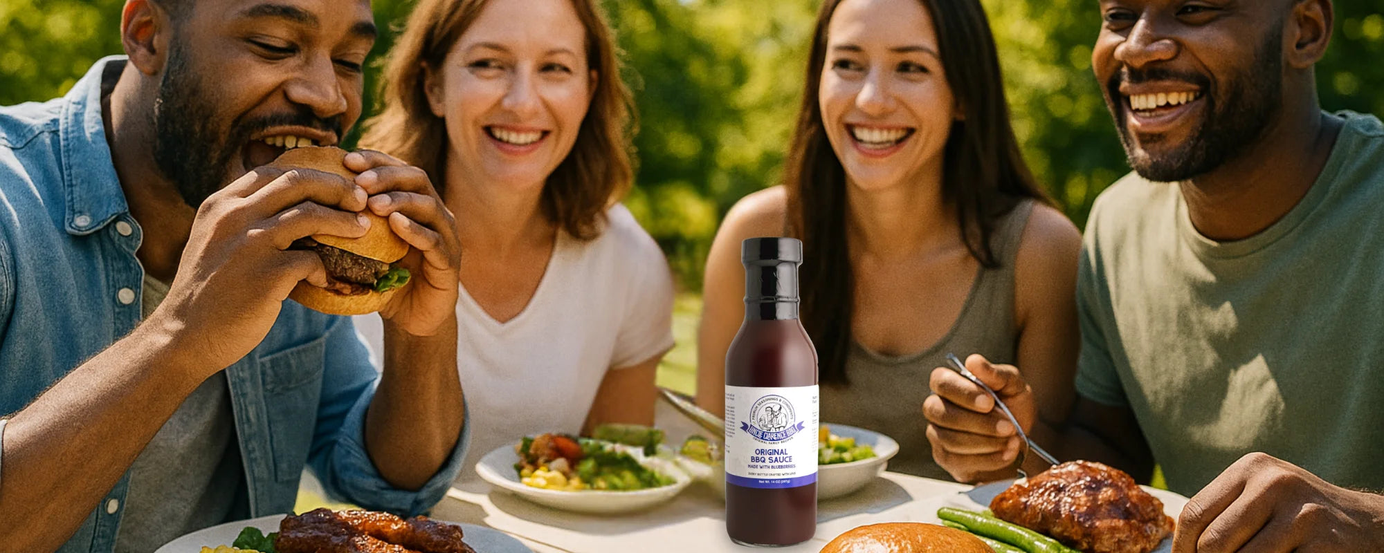 Group of friends enjoying BBQ featuring Uncle Clarence BBQ Sauce