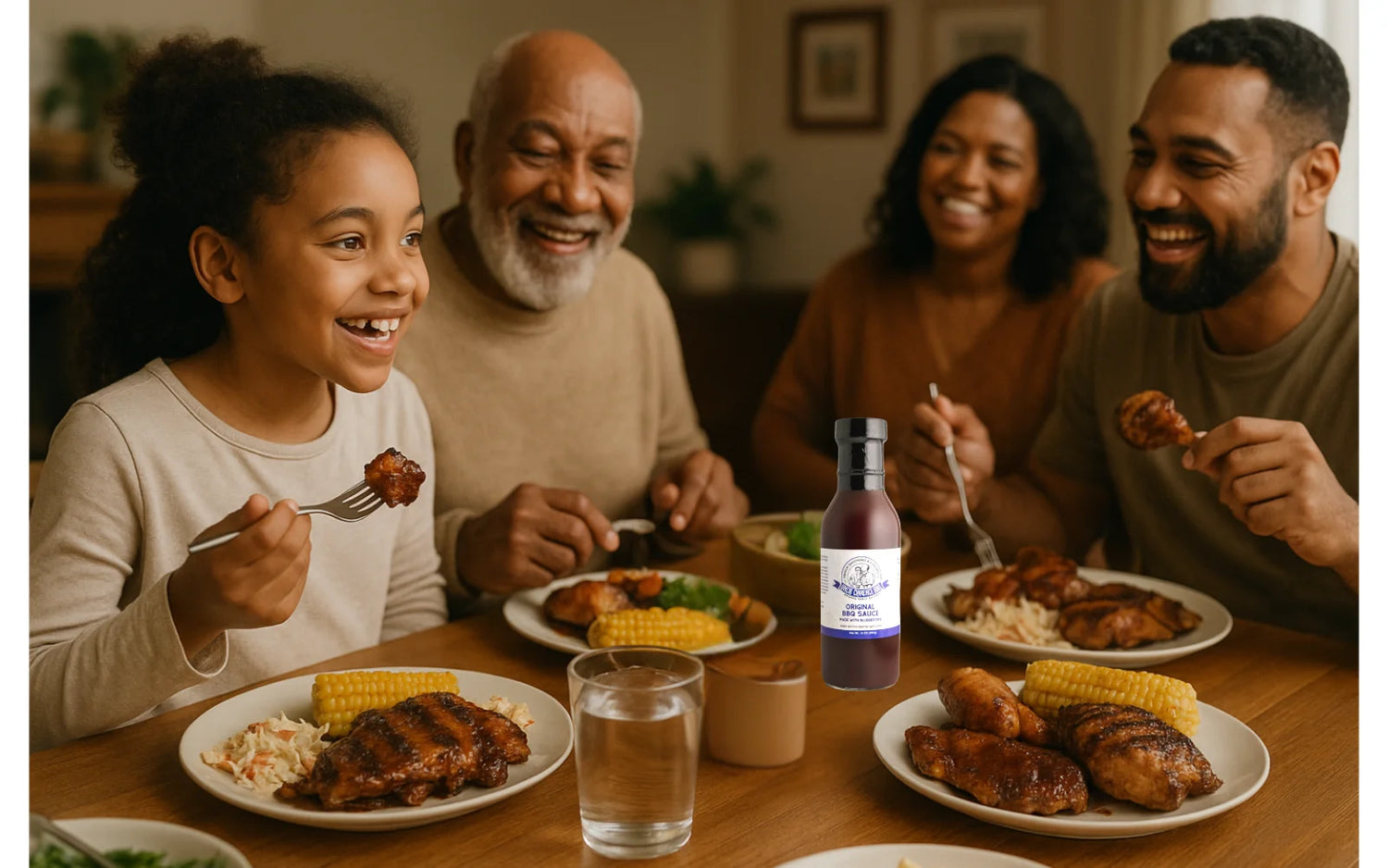 Multigenerational Black family sharing a barbecue dinner featuring Uncle Clarence BBQ Sauce at the table