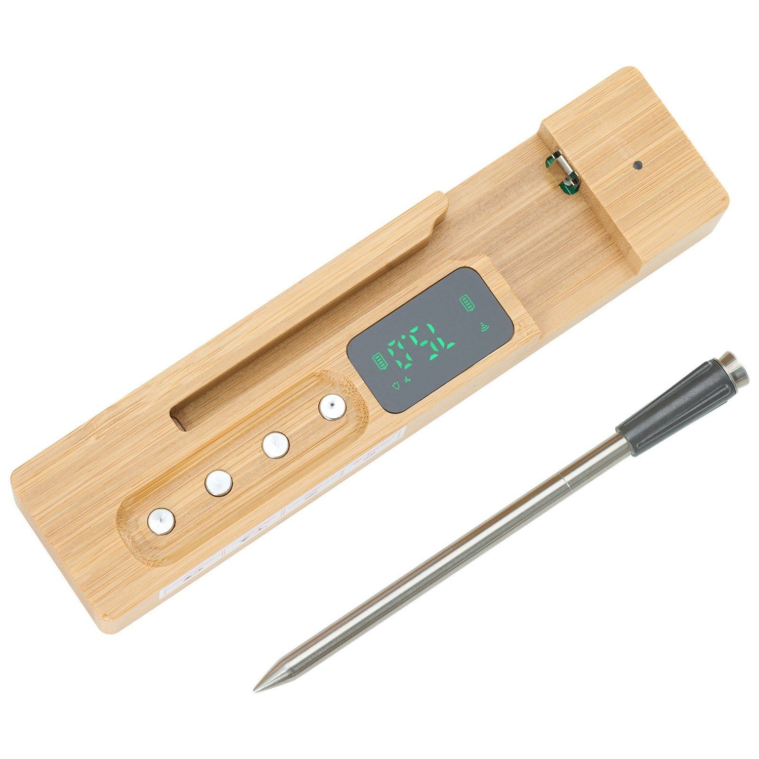 Bluetooth meat thermometer with a bamboo holder and digital display for precise cooking temperatures