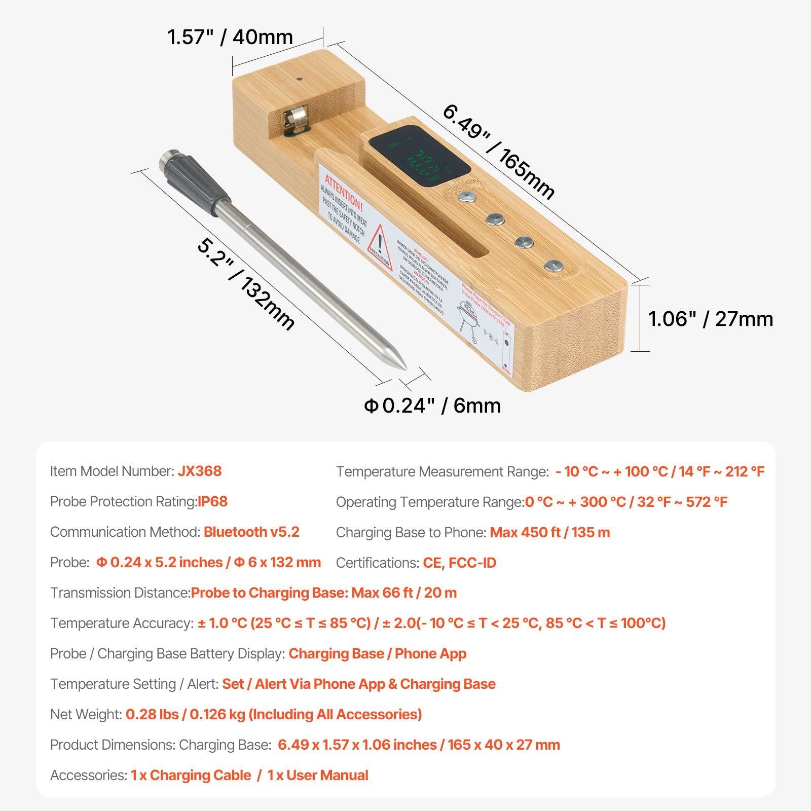Bluetooth meat thermometer with bamboo design for accurate cooking temperatures and a user-friendly display.