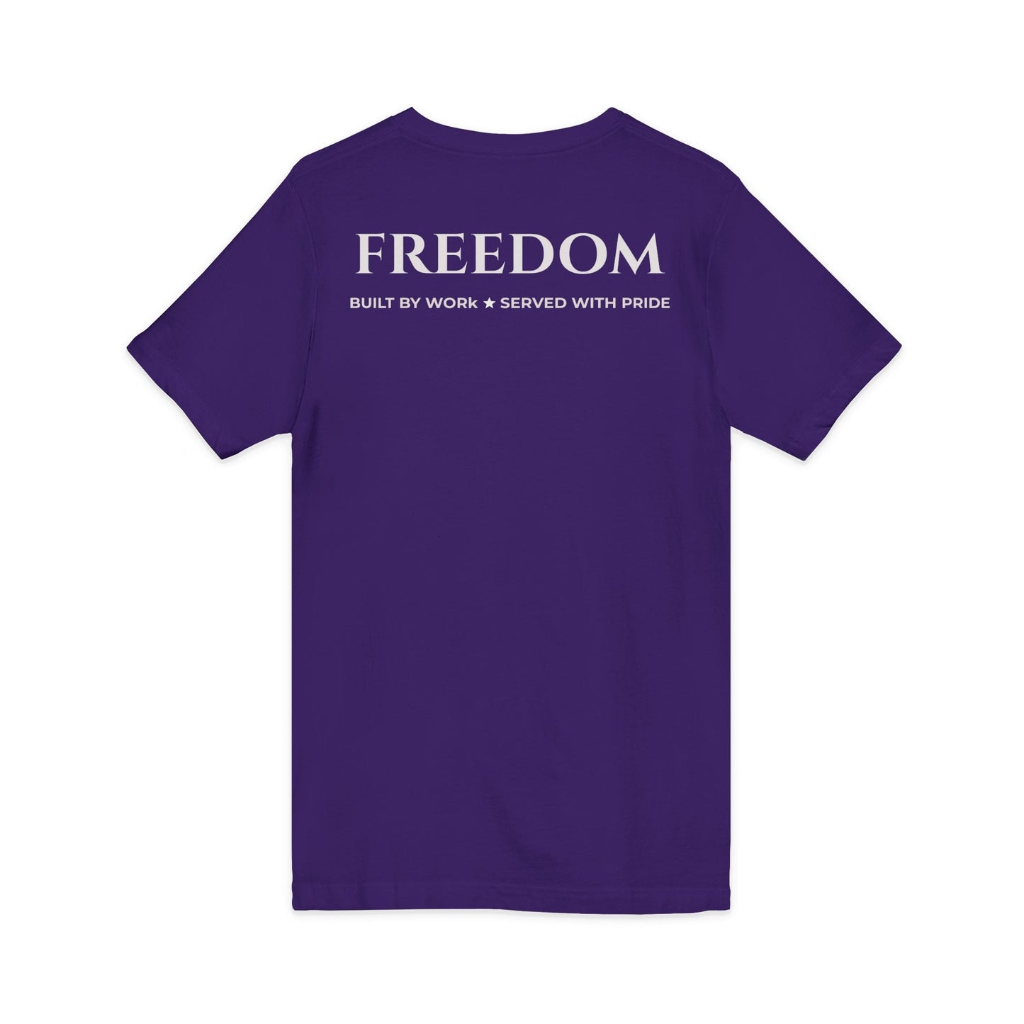 Freedom V‑Neck Tee –FreedomWear™ “Built by Work” V - Neck T-Shirt | Uncle Clarence BBQ Subtle Back Text Patriotic Casual Shirt - Uncle Clarence BBQ