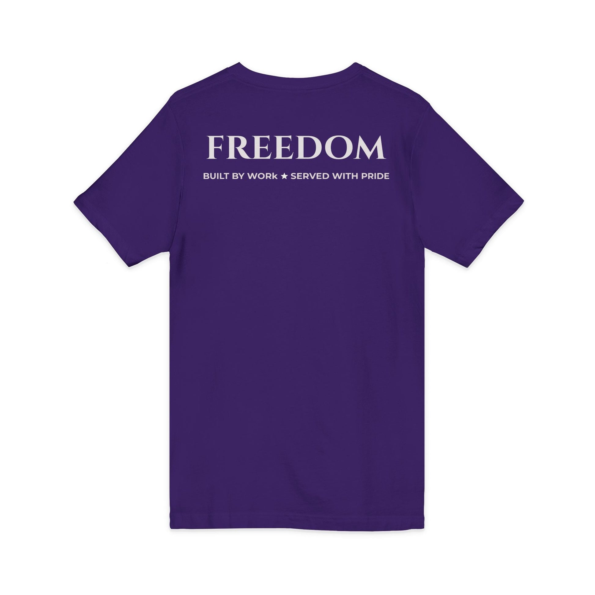 Freedom V‑Neck Tee –FreedomWear™ “Built by Work” V - Neck T-Shirt | Uncle Clarence BBQ Subtle Back Text Patriotic Casual Shirt - Uncle Clarence BBQ