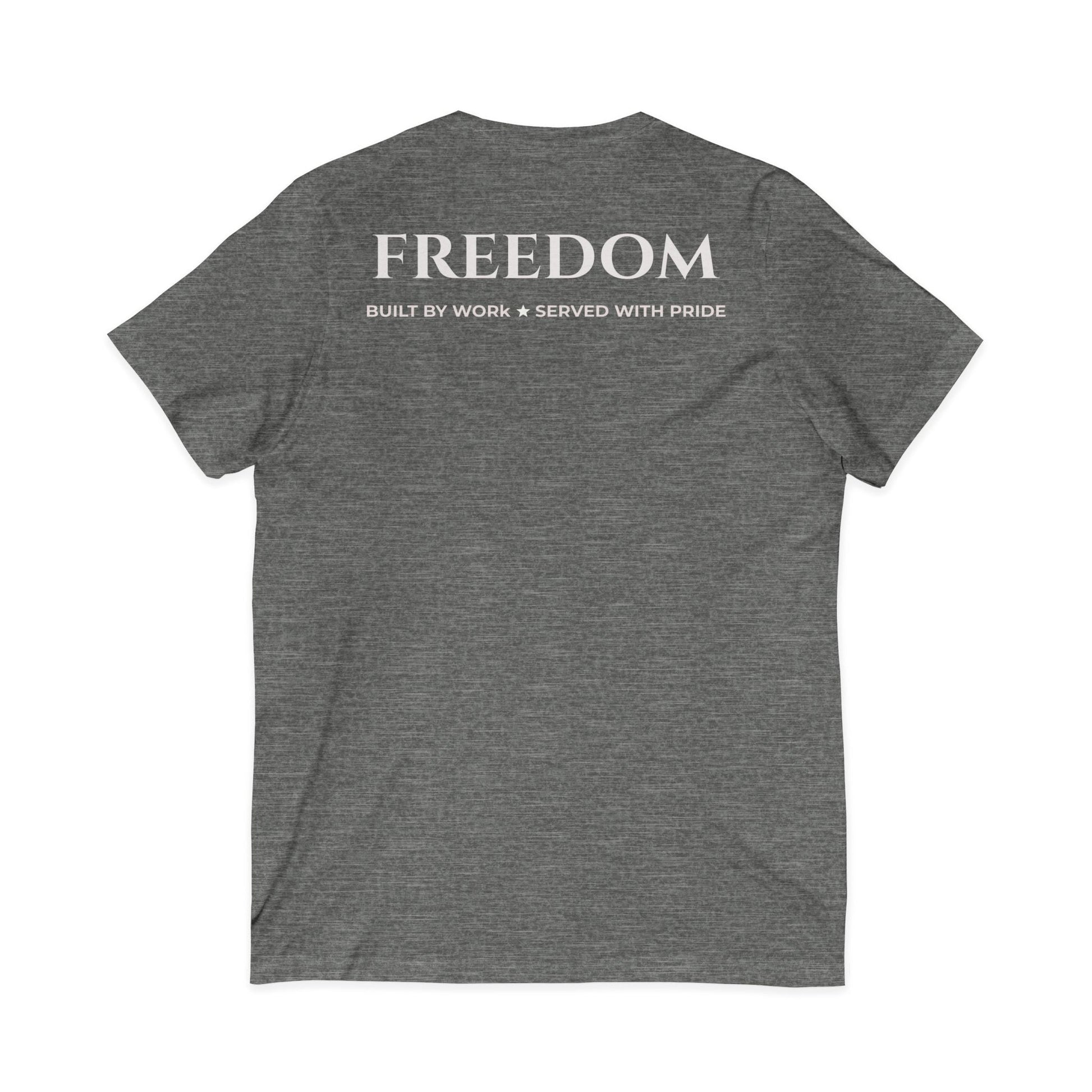 Freedom V‑Neck Tee –FreedomWear™ “Built by Work” V - Neck T-Shirt | Uncle Clarence BBQ Subtle Back Text Patriotic Casual Shirt - Uncle Clarence BBQ