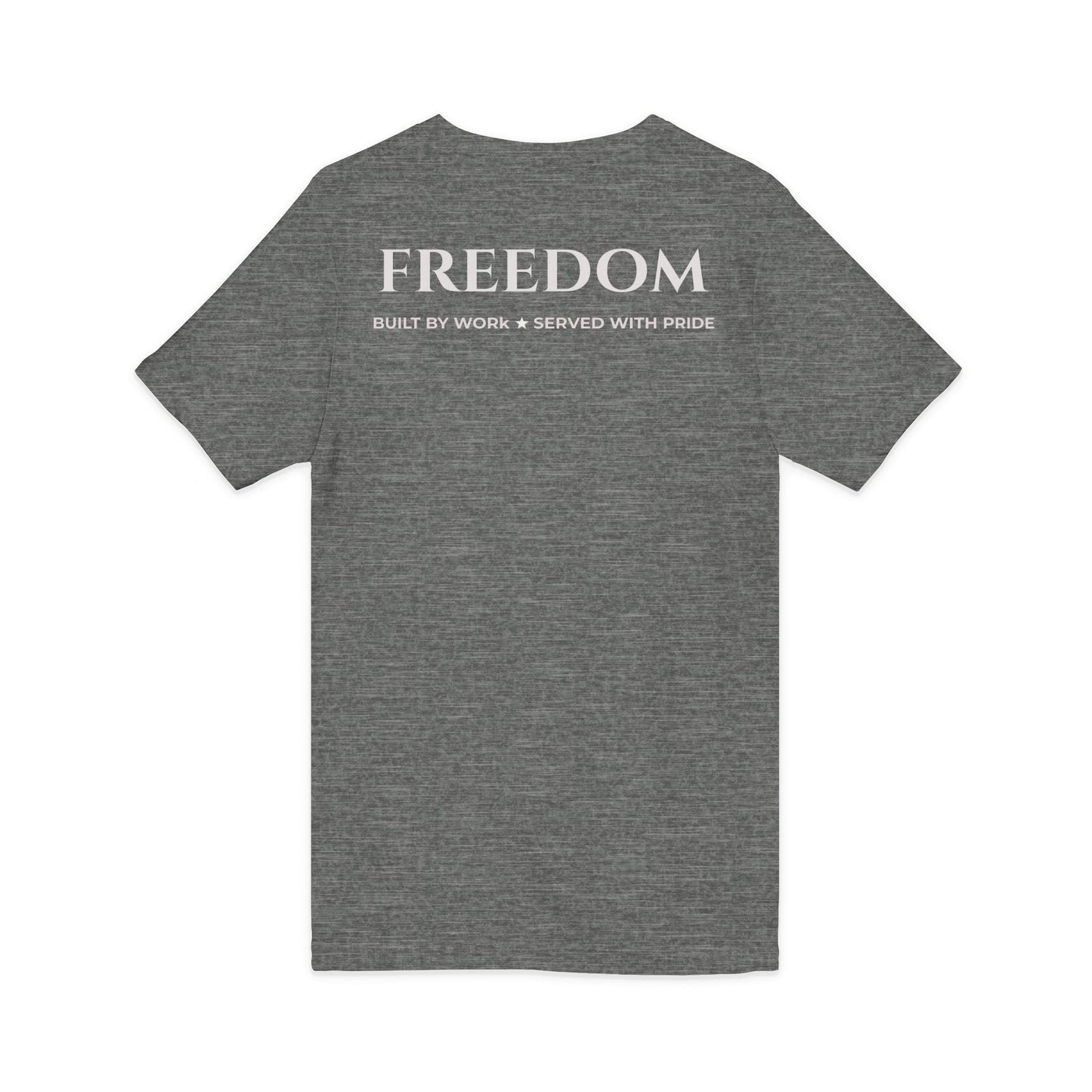 Freedom V‑Neck Tee –FreedomWear™ “Built by Work” V - Neck T-Shirt | Uncle Clarence BBQ Subtle Back Text Patriotic Casual Shirt - Uncle Clarence BBQ