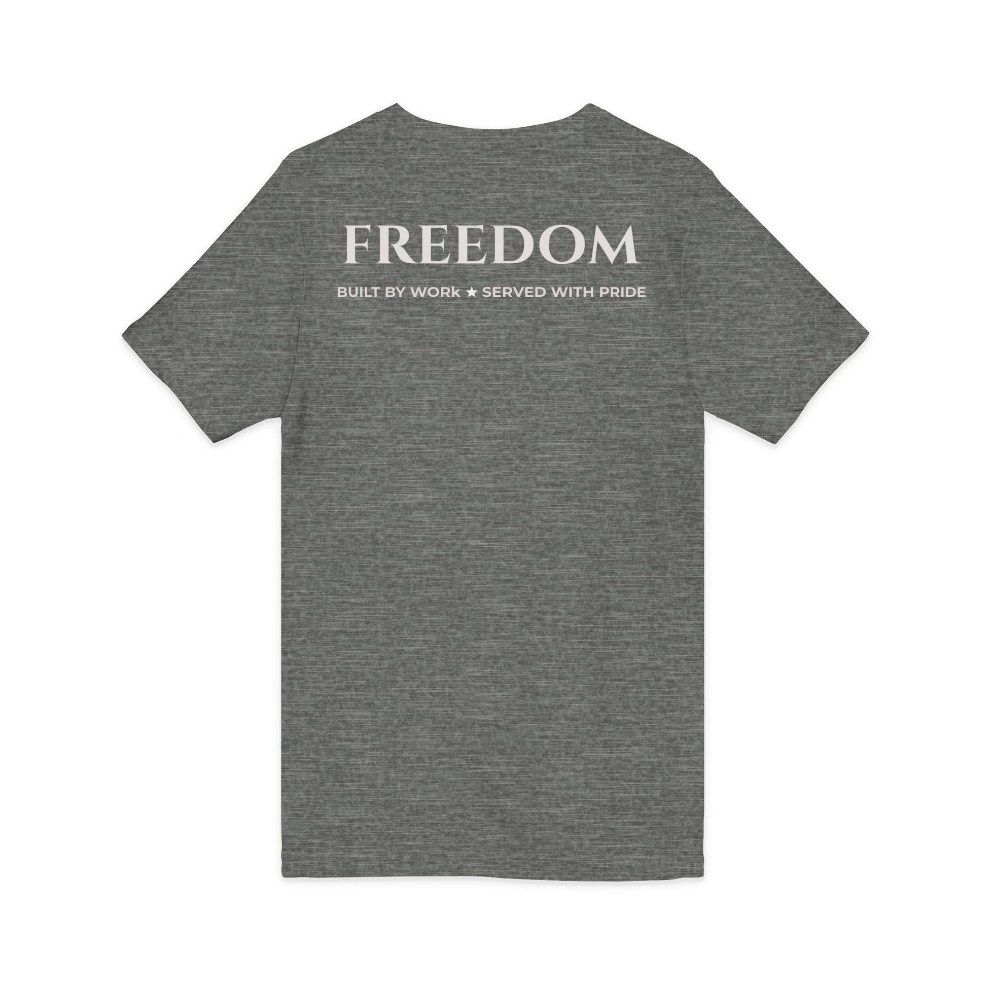 Freedom V‑Neck Tee –FreedomWear™ “Built by Work” V - Neck T-Shirt | Uncle Clarence BBQ Subtle Back Text Patriotic Casual Shirt - Uncle Clarence BBQ