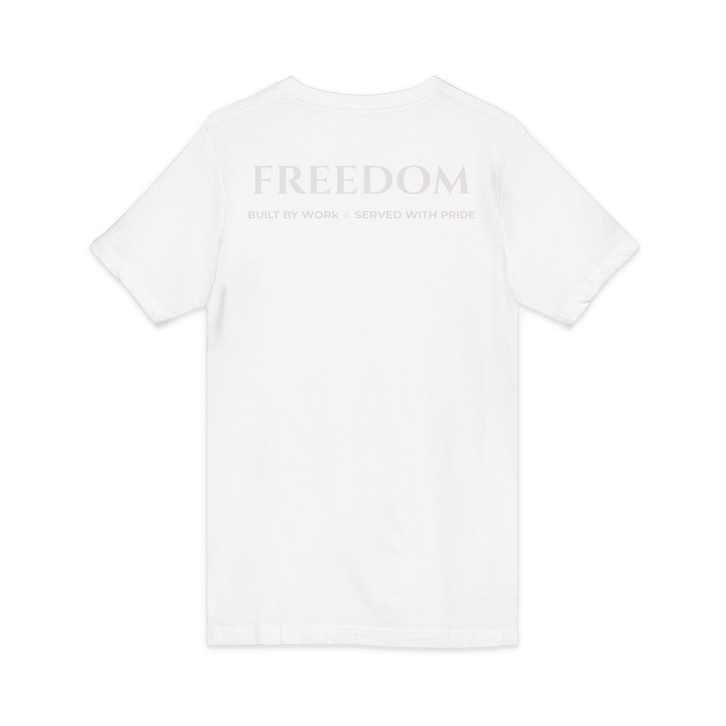 Freedom V‑Neck Tee –FreedomWear™ “Built by Work” V - Neck T-Shirt | Uncle Clarence BBQ Subtle Back Text Patriotic Casual Shirt - Uncle Clarence BBQ