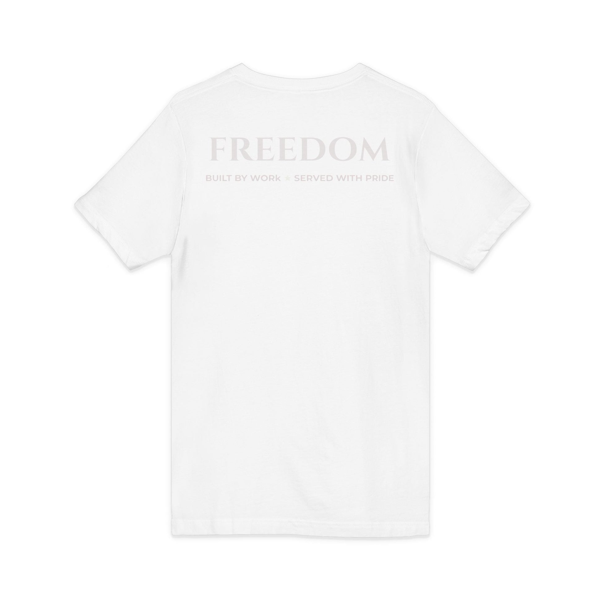 Freedom V‑Neck Tee –FreedomWear™ “Built by Work” V - Neck T-Shirt | Uncle Clarence BBQ Subtle Back Text Patriotic Casual Shirt - Uncle Clarence BBQ