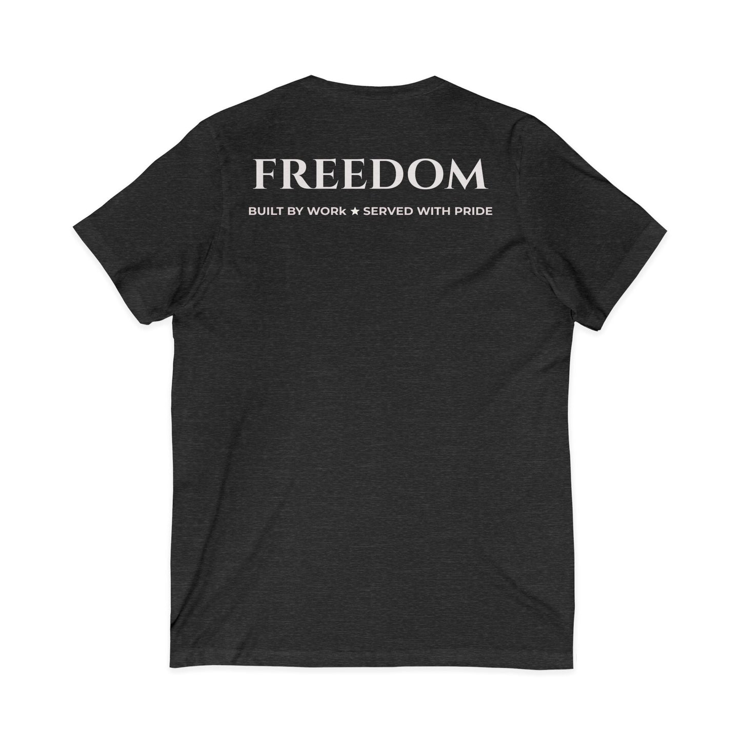 Freedom V‑Neck Tee –FreedomWear™ “Built by Work” V - Neck T-Shirt | Uncle Clarence BBQ Subtle Back Text Patriotic Casual Shirt - Uncle Clarence BBQ