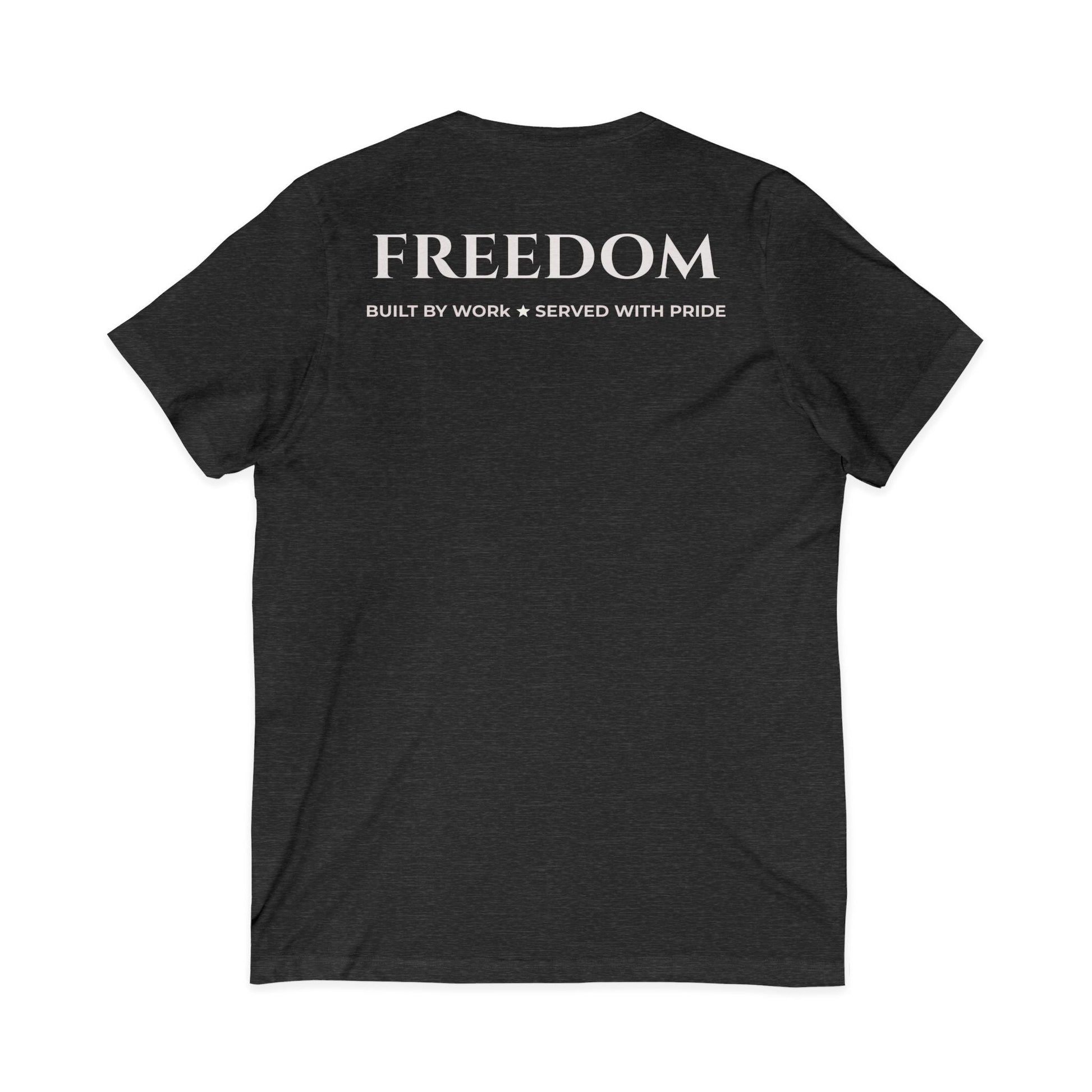 Freedom V‑Neck Tee –FreedomWear™ “Built by Work” V - Neck T-Shirt | Uncle Clarence BBQ Subtle Back Text Patriotic Casual Shirt - Uncle Clarence BBQ