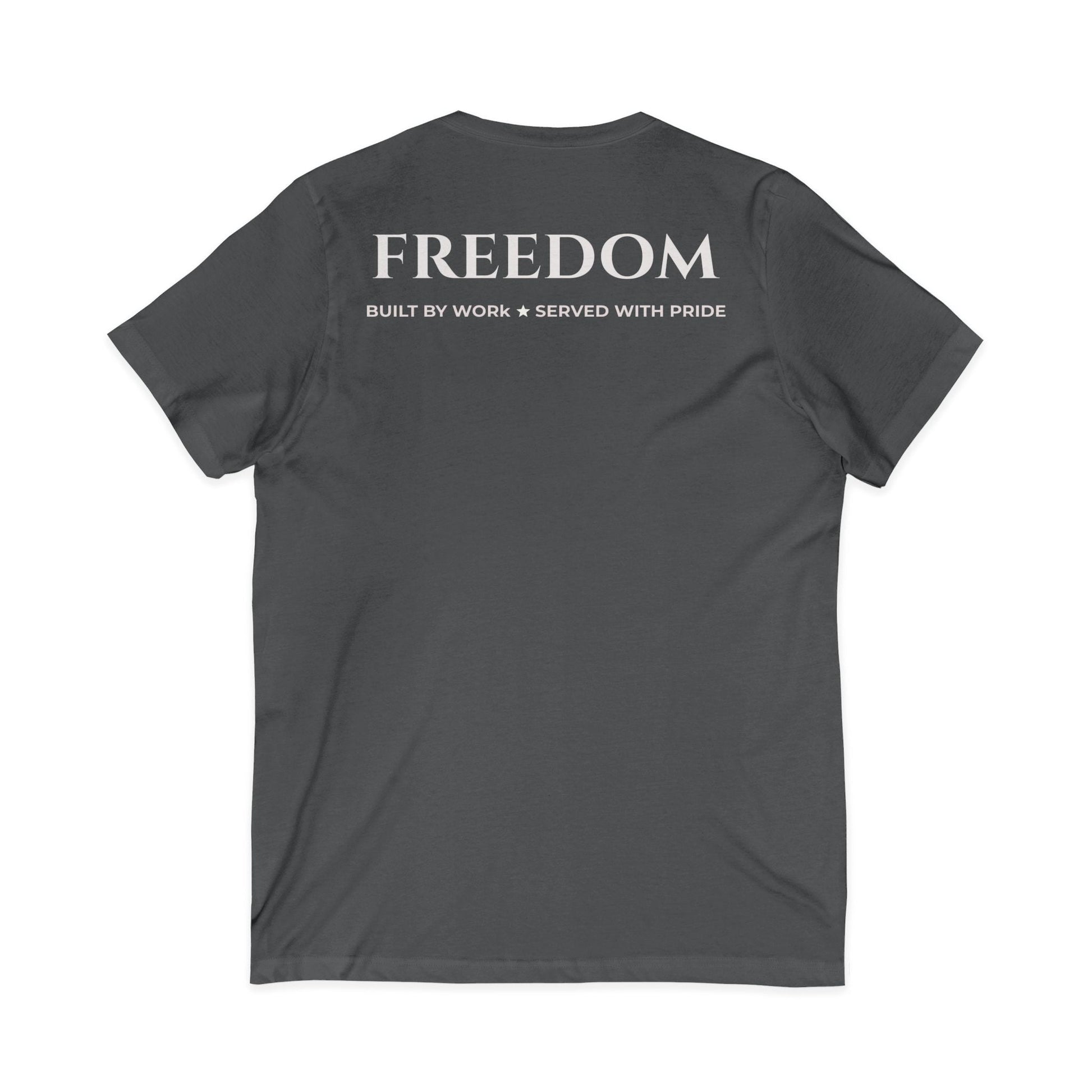 Freedom V‑Neck Tee –FreedomWear™ “Built by Work” V - Neck T-Shirt | Uncle Clarence BBQ Subtle Back Text Patriotic Casual Shirt - Uncle Clarence BBQ