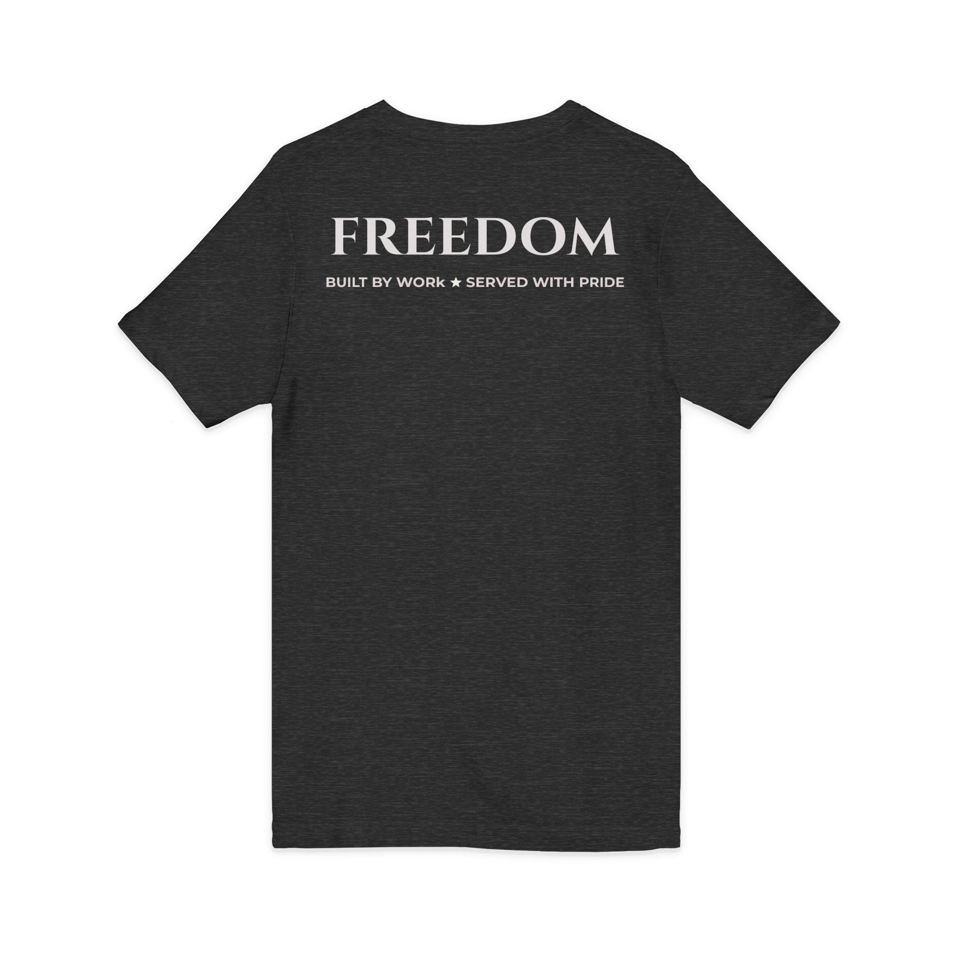 Freedom V‑Neck Tee –FreedomWear™ “Built by Work” V - Neck T-Shirt | Uncle Clarence BBQ Subtle Back Text Patriotic Casual Shirt - Uncle Clarence BBQ