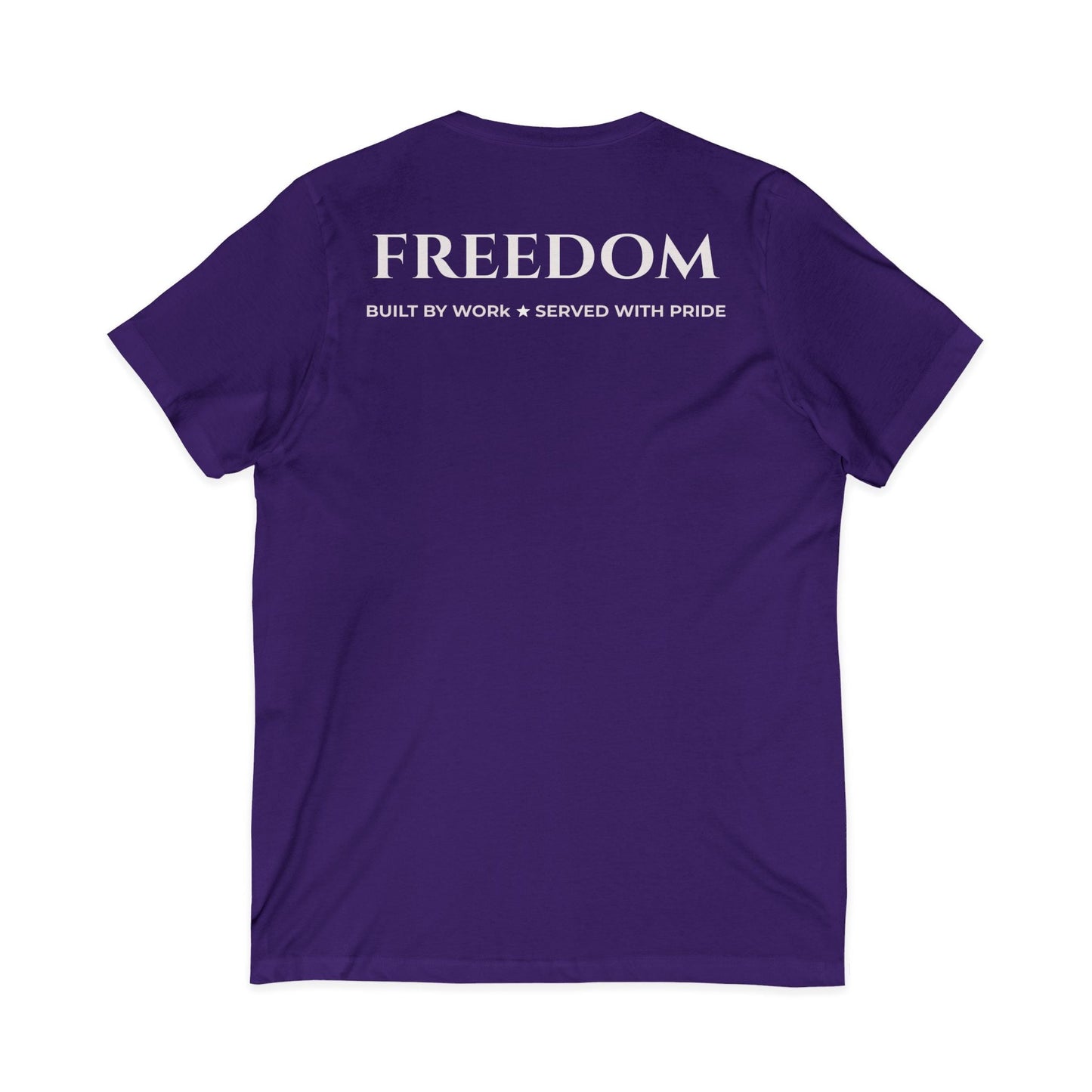 Freedom V‑Neck Tee –FreedomWear™ “Built by Work” V - Neck T-Shirt | Uncle Clarence BBQ Subtle Back Text Patriotic Casual Shirt - Uncle Clarence BBQ