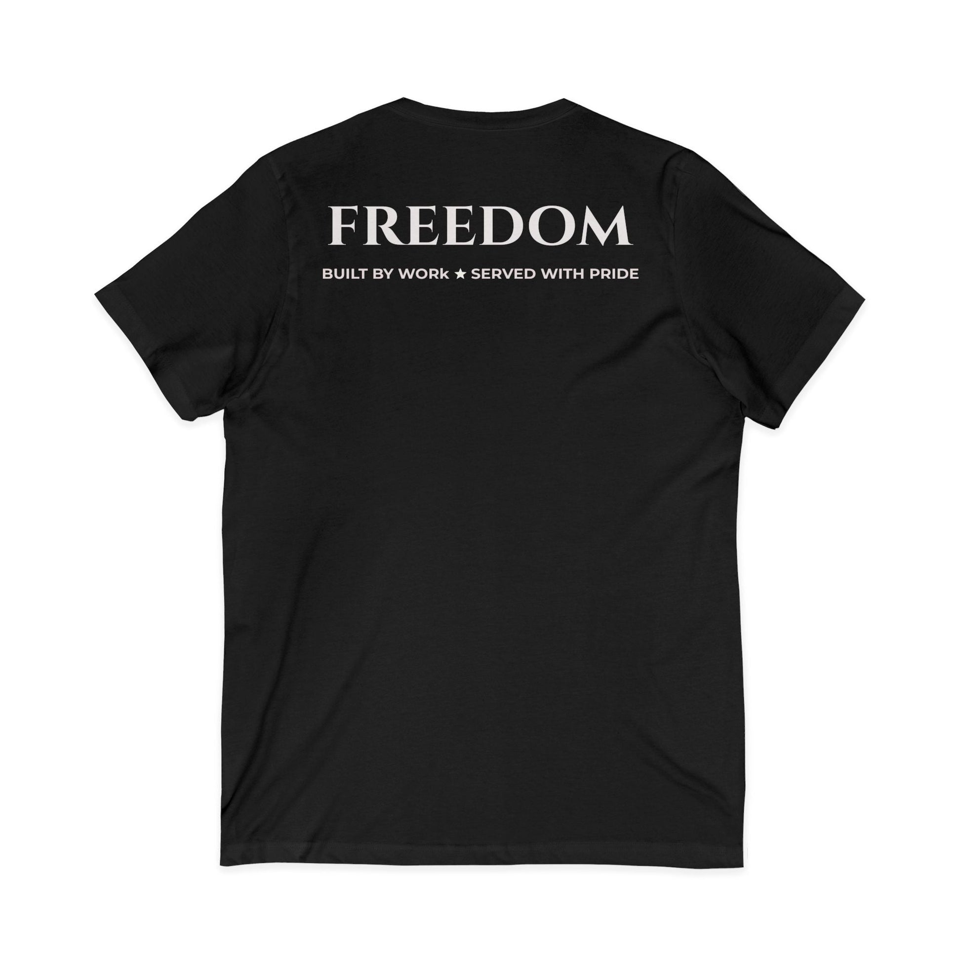 Freedom V‑Neck Tee –FreedomWear™ “Built by Work” V - Neck T-Shirt | Uncle Clarence BBQ Subtle Back Text Patriotic Casual Shirt - Uncle Clarence BBQ