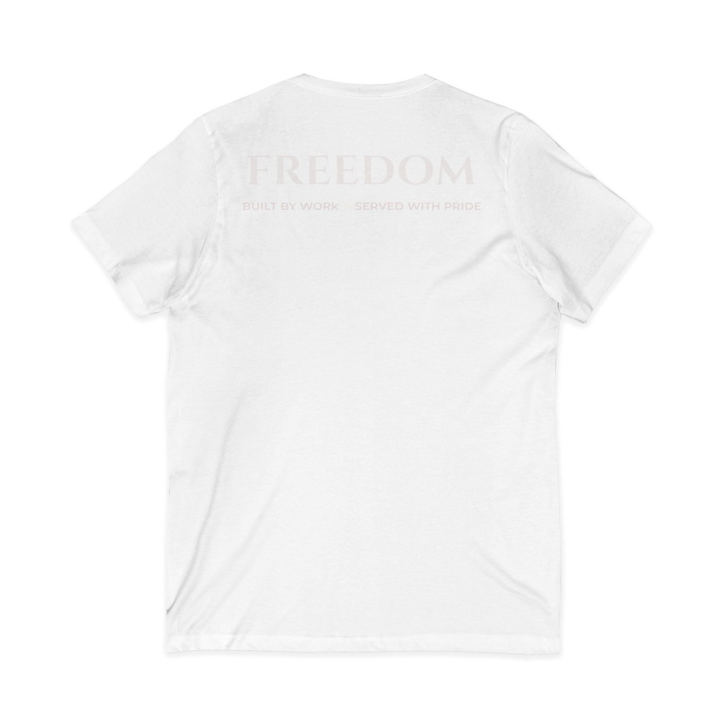 Freedom V‑Neck Tee –FreedomWear™ “Built by Work” V - Neck T-Shirt | Uncle Clarence BBQ Subtle Back Text Patriotic Casual Shirt - Uncle Clarence BBQ