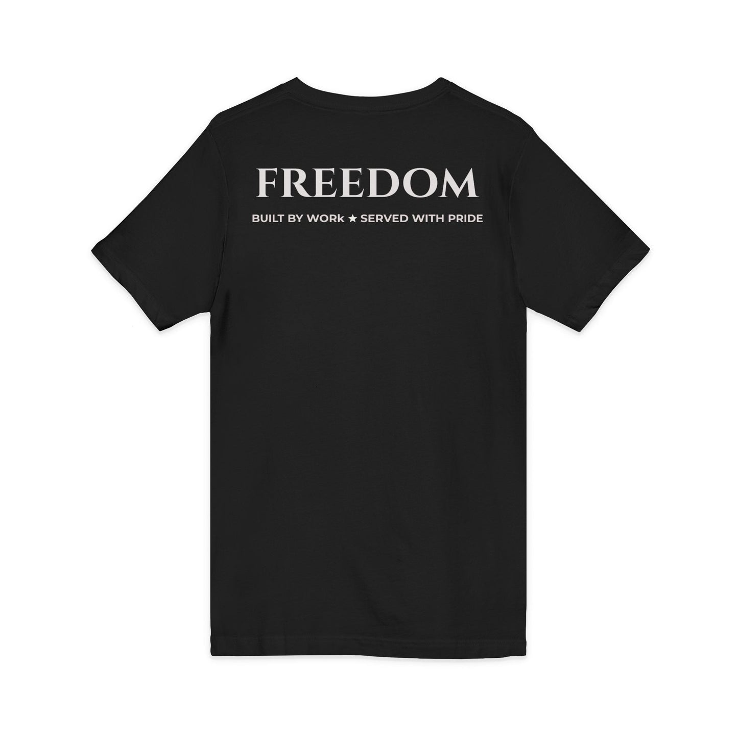 Freedom V‑Neck Tee –FreedomWear™ “Built by Work” V - Neck T-Shirt | Uncle Clarence BBQ Subtle Back Text Patriotic Casual Shirt - Uncle Clarence BBQ