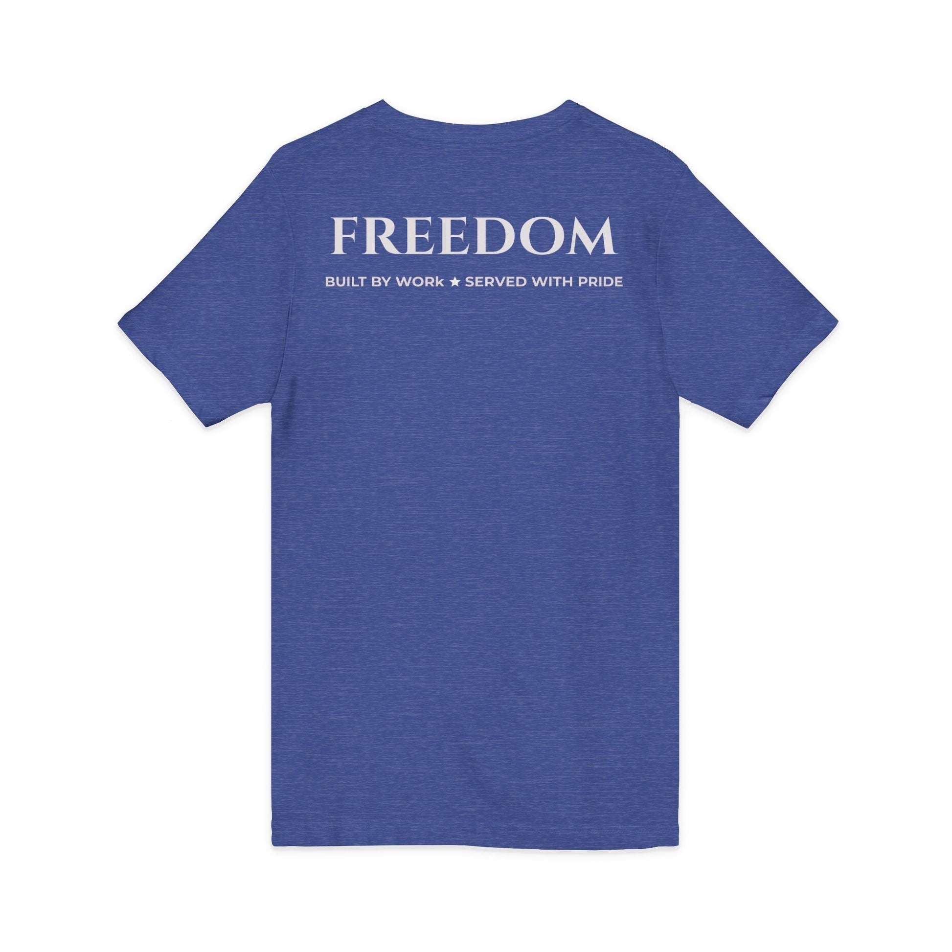 Freedom V‑Neck Tee –FreedomWear™ “Built by Work” V - Neck T-Shirt | Uncle Clarence BBQ Subtle Back Text Patriotic Casual Shirt - Uncle Clarence BBQ