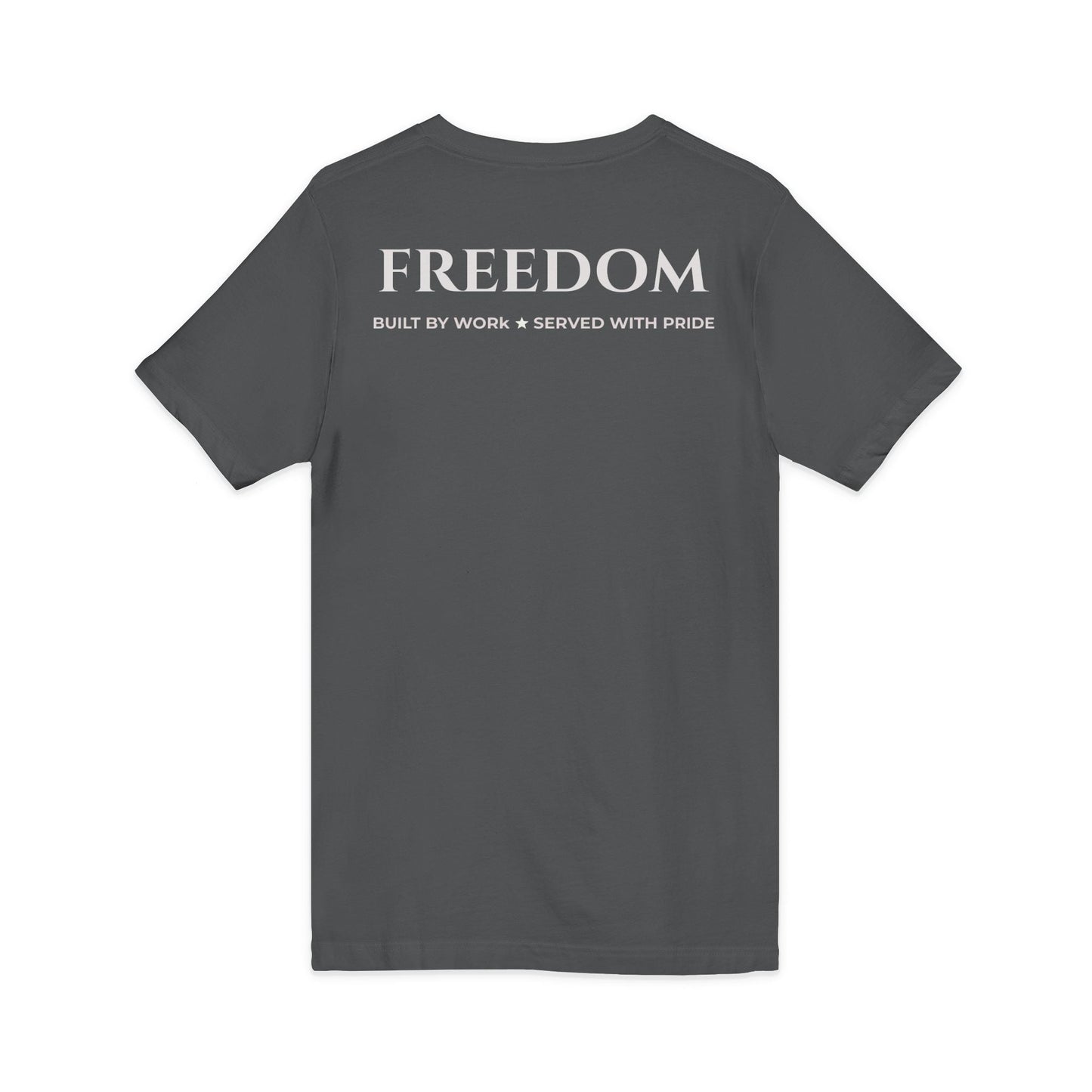 Freedom V‑Neck Tee –FreedomWear™ “Built by Work” V - Neck T-Shirt | Uncle Clarence BBQ Subtle Back Text Patriotic Casual Shirt - Uncle Clarence BBQ
