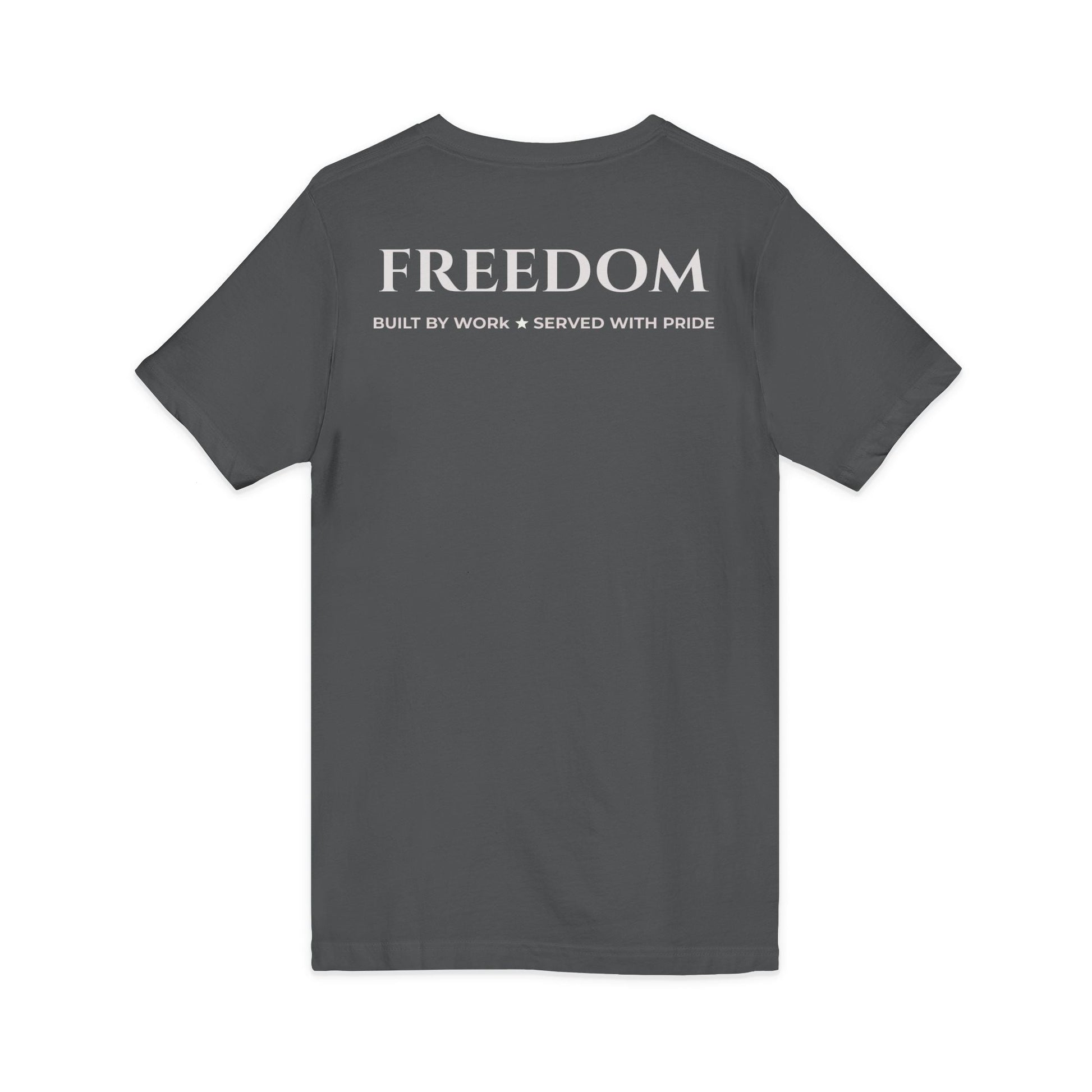 Freedom V‑Neck Tee –FreedomWear™ “Built by Work” V - Neck T-Shirt | Uncle Clarence BBQ Subtle Back Text Patriotic Casual Shirt - Uncle Clarence BBQ
