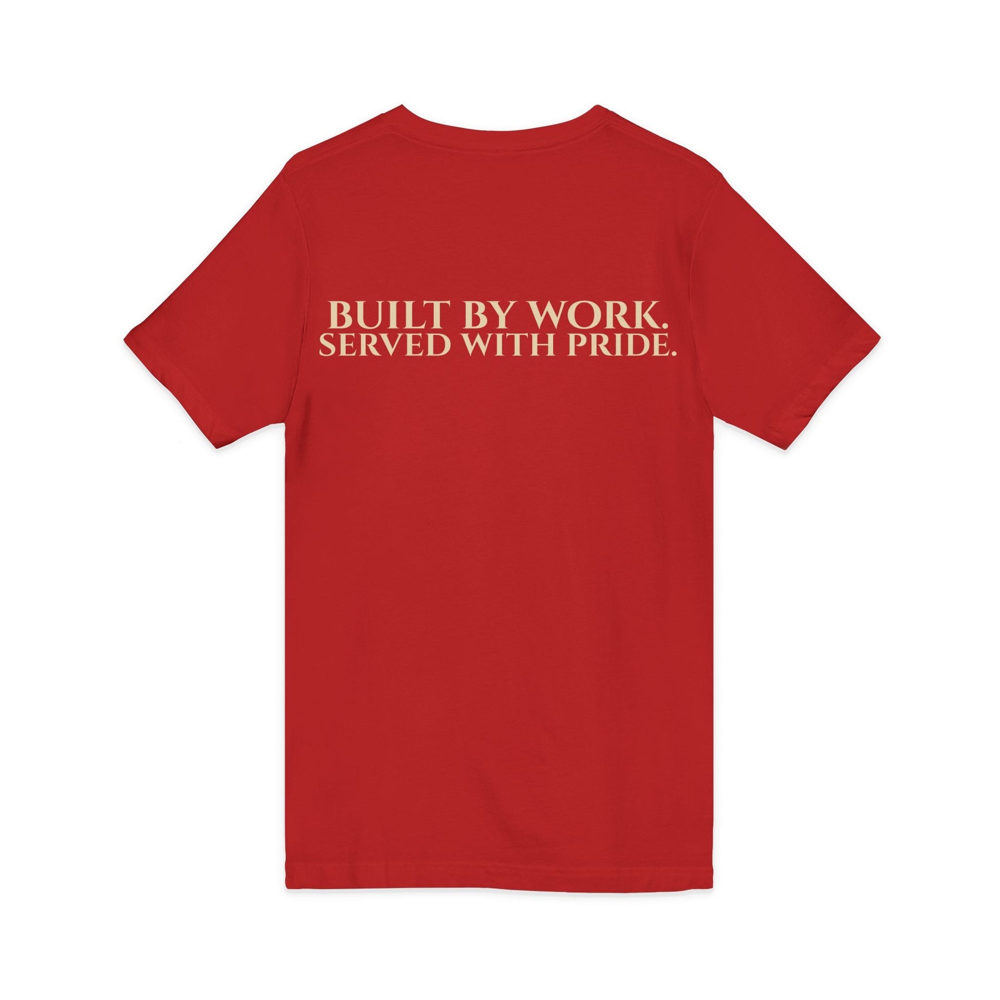 FreedomWear Built By Work V - Neck T-Shirt | Rustic Red Workwear Graphic Tee for Men - Uncle Clarence BBQ