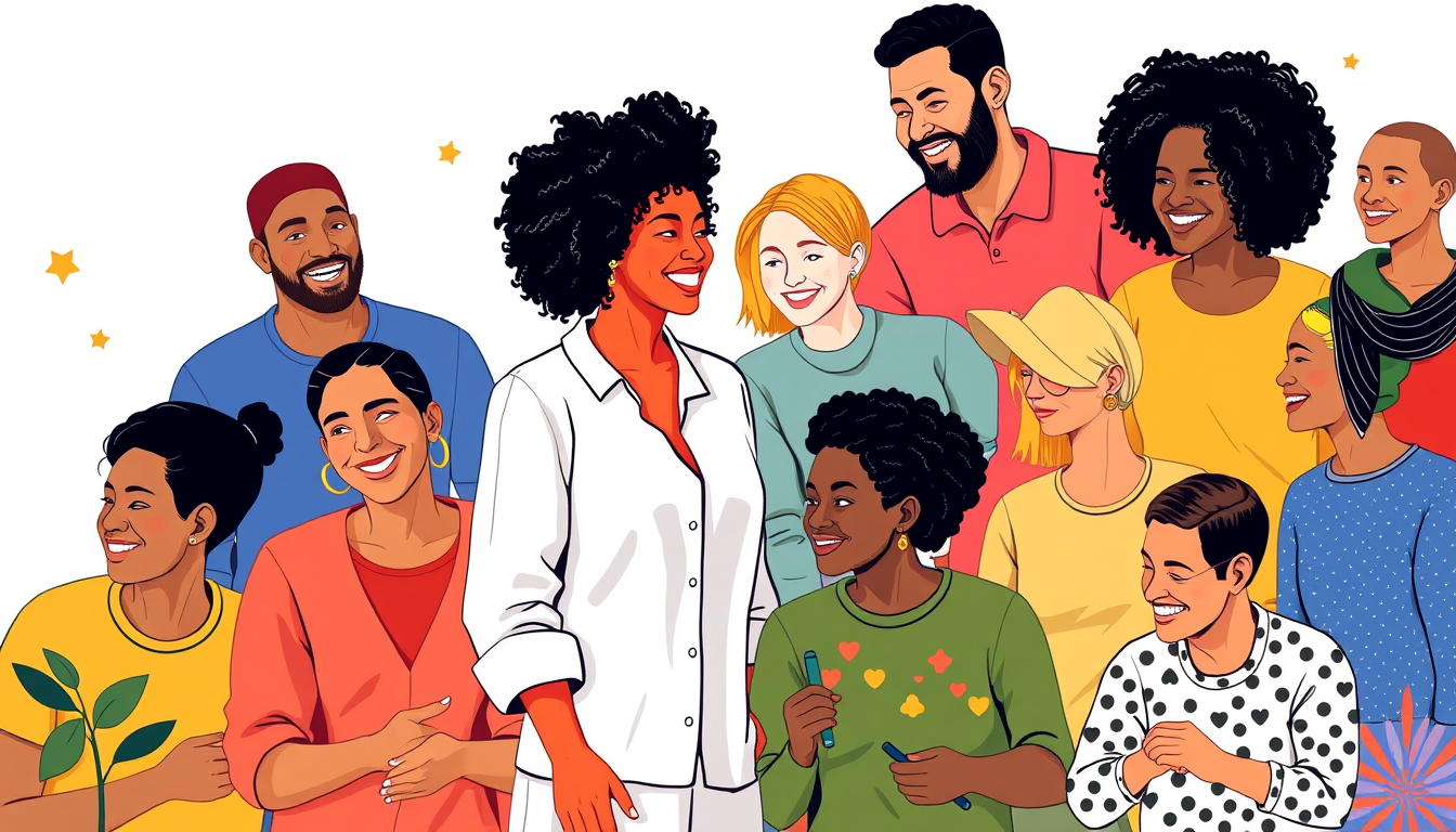 A diverse group of smiling people of different ages, ethnicities, and backgrounds standing together. The image features a mix of men and women with various hairstyles, clothing, and expressions, conveying a sense of community and inclusion.