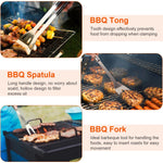 Stainless steel BBQ grill tool kit including tongs, spatula, and fork for easy grilling.