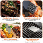 Stainless steel BBQ grill tool kit featuring skewers, basting brush, corn holders, and cleaning brush