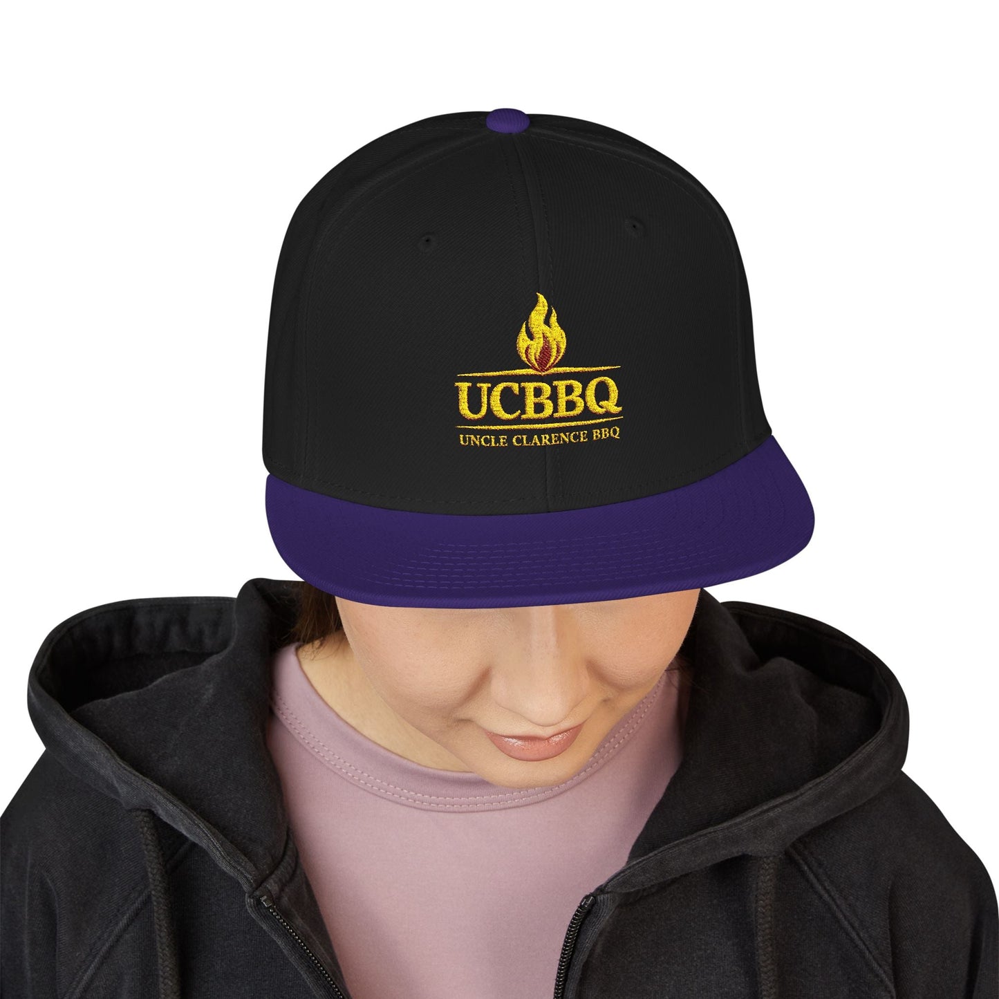 UCBBQ Flame Embroidered Snapback Hat | Black BBQ Pitmaster Cap – Uncle Clarence BBQ - Uncle Clarence BBQ