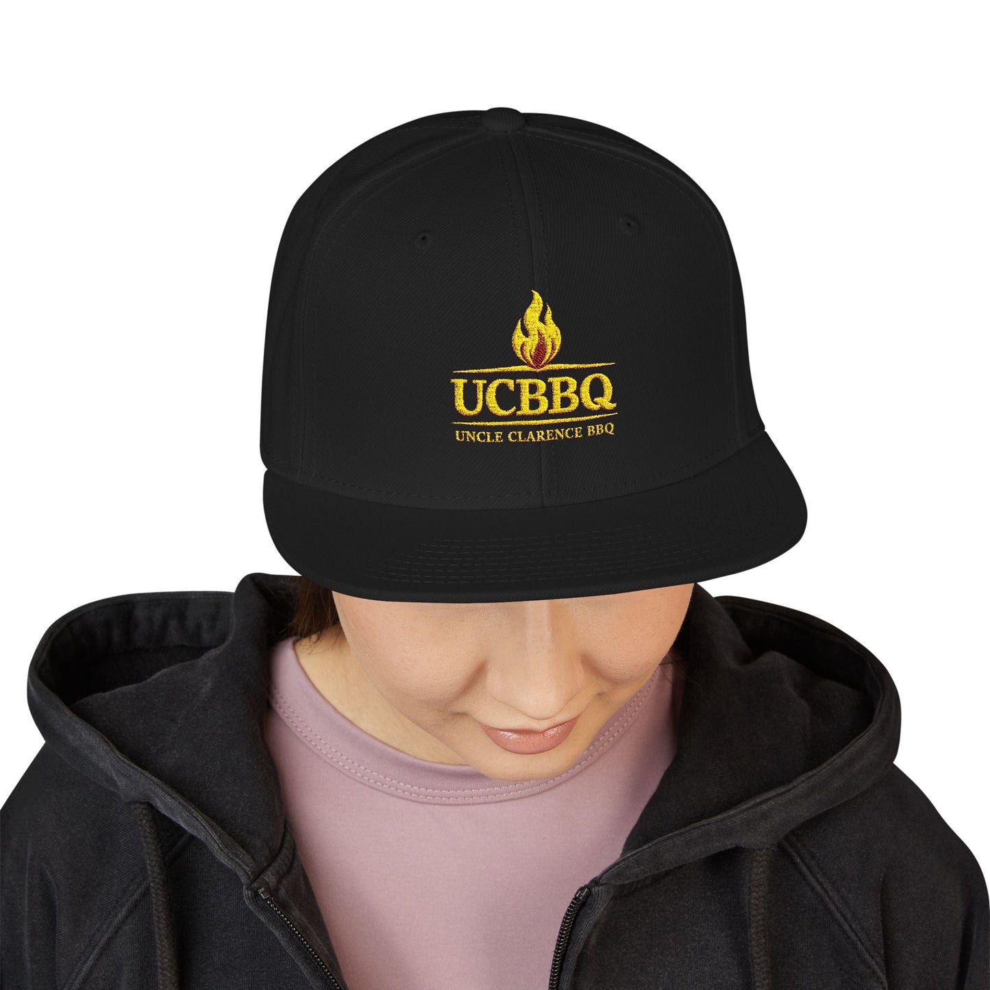 UCBBQ Flame Embroidered Snapback Hat | Black BBQ Pitmaster Cap – Uncle Clarence BBQ - Uncle Clarence BBQ