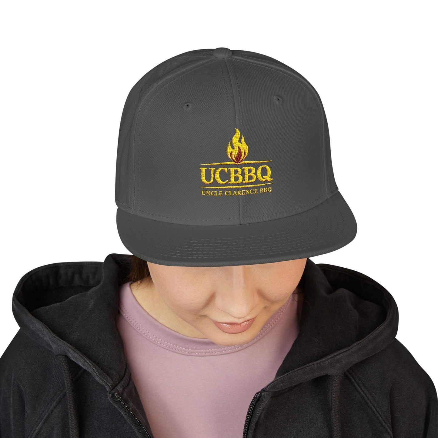 UCBBQ Flame Embroidered Snapback Hat | Black BBQ Pitmaster Cap – Uncle Clarence BBQ - Uncle Clarence BBQ