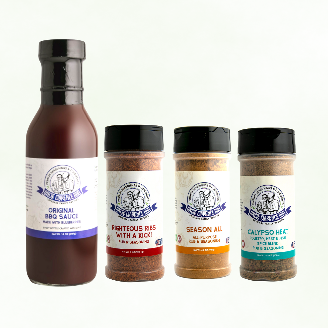Uncle Clarence BBQ gift box featuring Original BBQ Sauce, Righteous Ribs with a Kick, Season All, and Calypso Heat seasonings