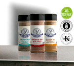 Uncle Clarence BBQ gift box with three seasoning blends labeled Calypso Heat Righteous Ribs and Season All