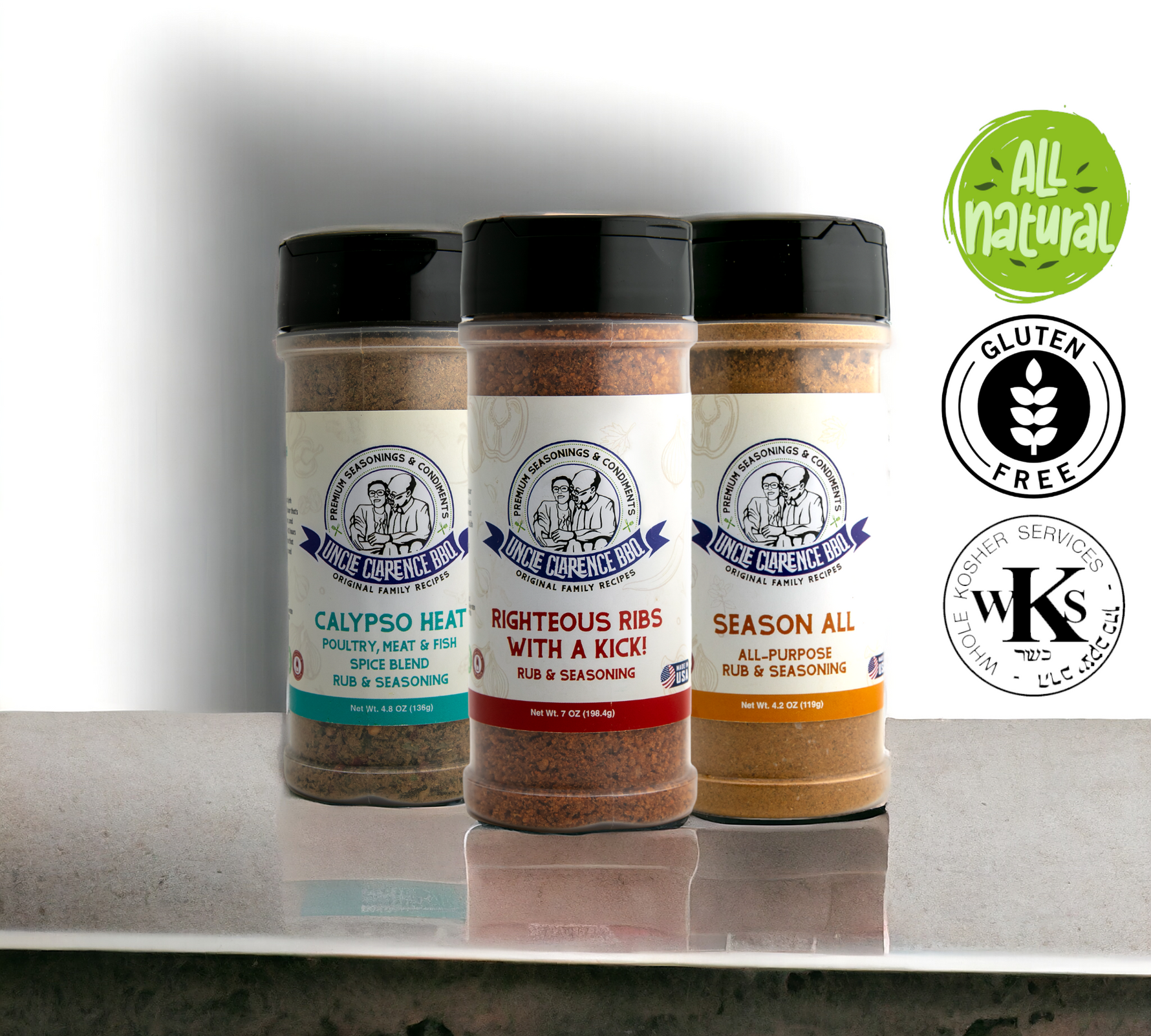 Uncle Clarence BBQ gift box with three seasoning blends labeled Calypso Heat Righteous Ribs and Season All