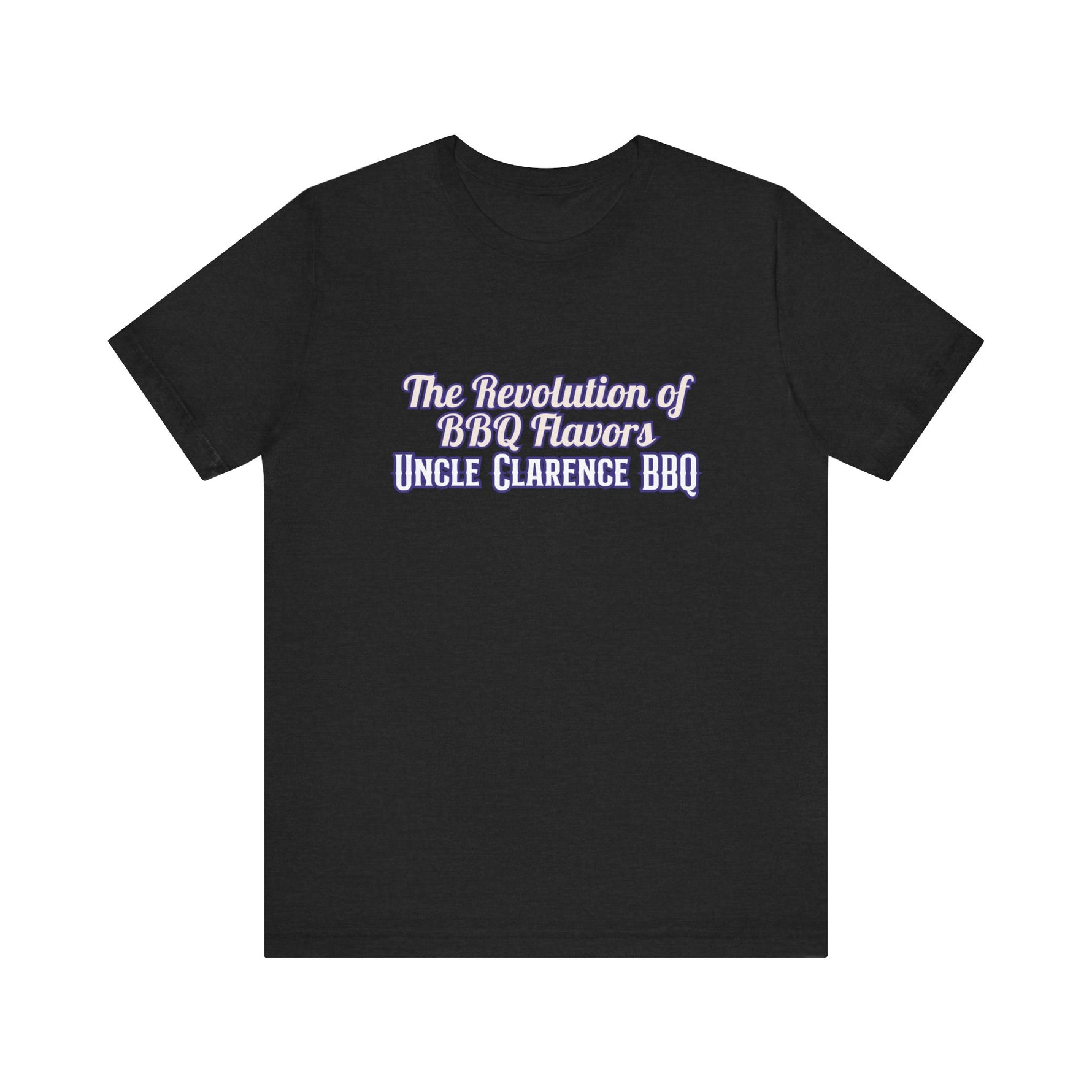 Black Revolution BBQ flavors t-shirt featuring bold white text and stylish design for BBQ enthusiasts