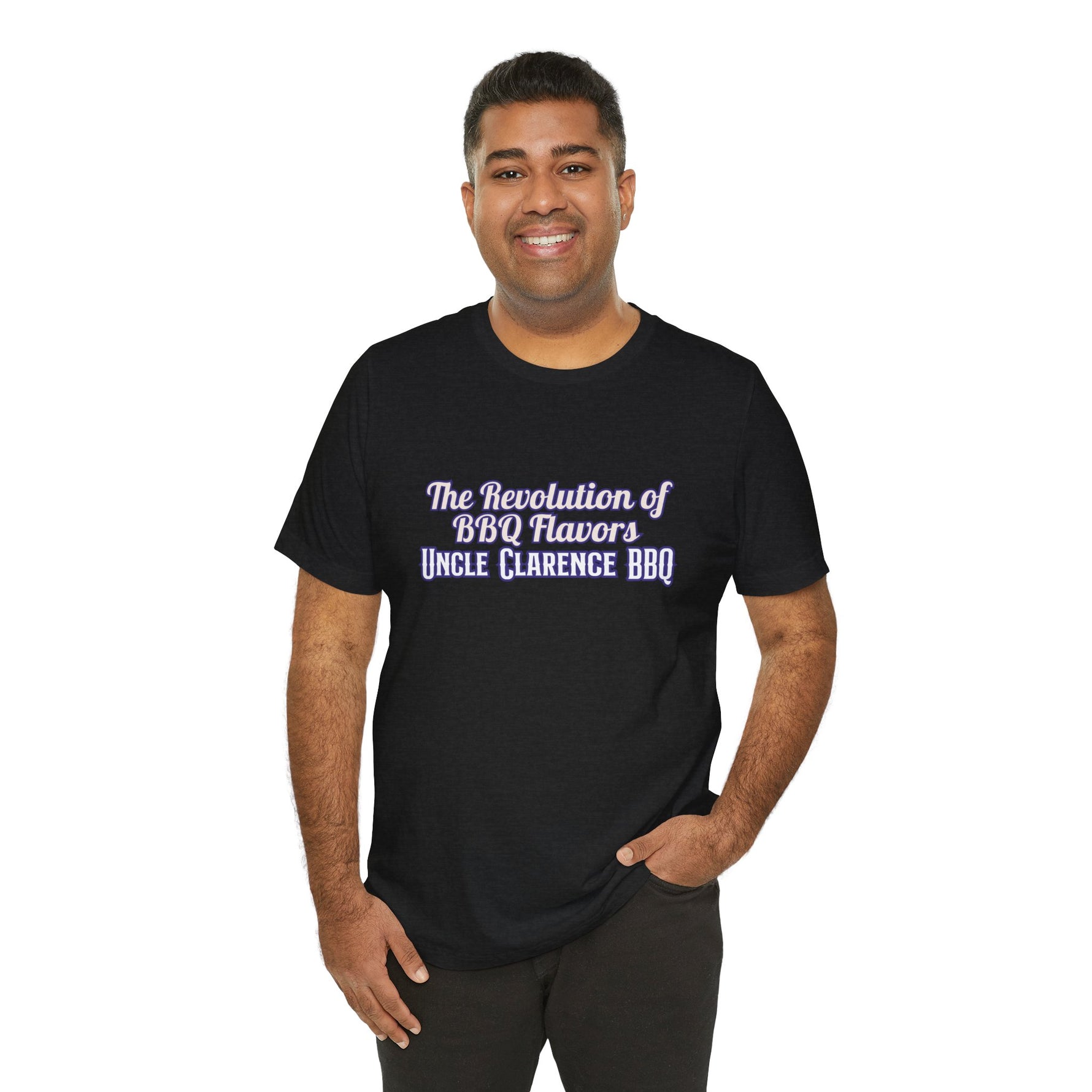 Casual black t-shirt featuring 'The Revolution BBQ Flavors' text by Uncle Clarence BBQ