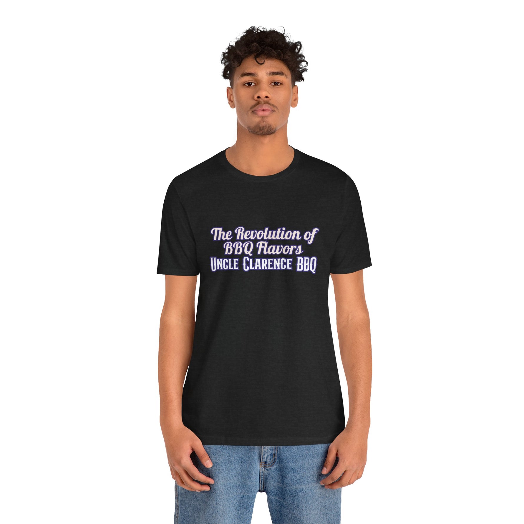 Revolution BBQ flavors t-shirt featuring a bold design with Uncle Clarence BBQ text on a black shirt