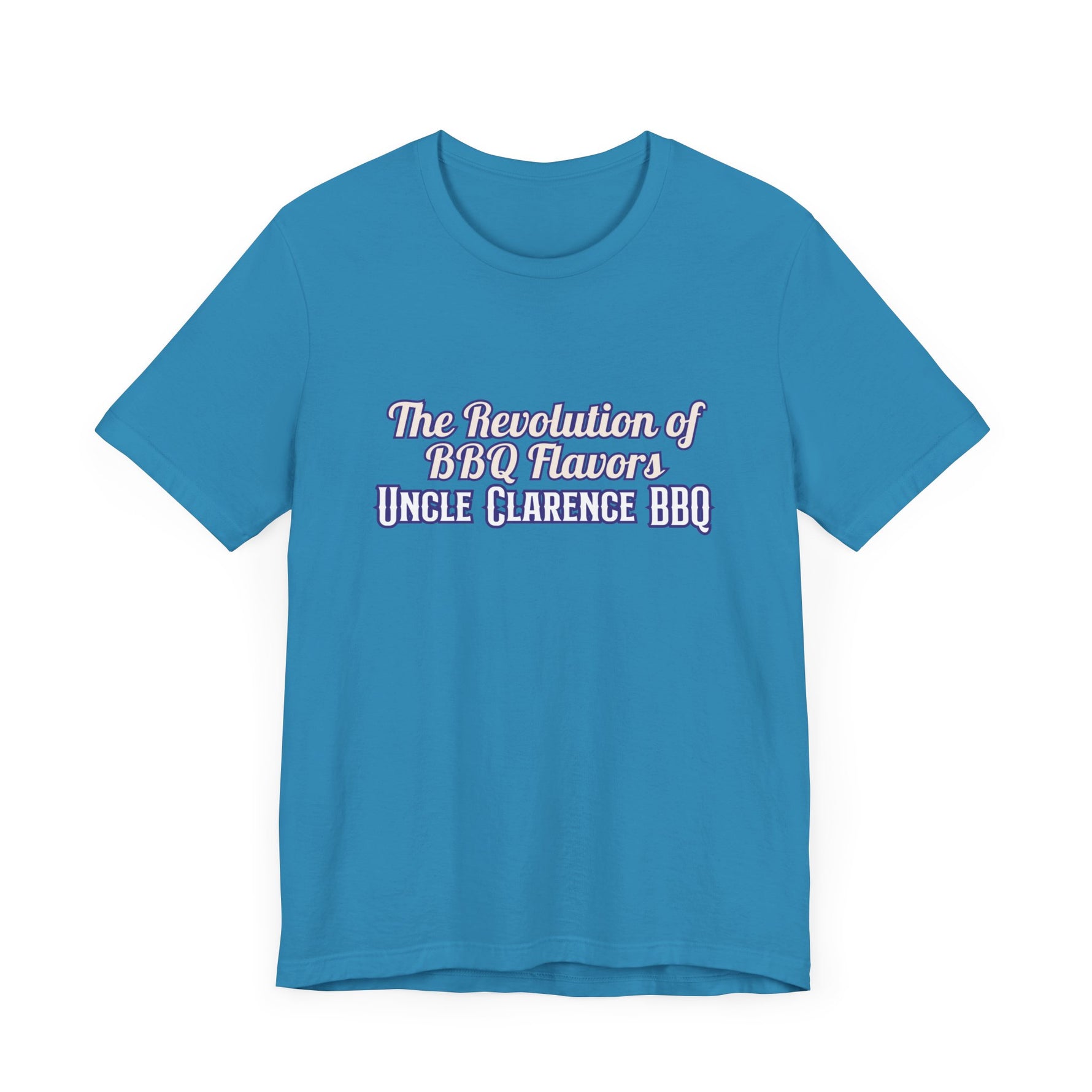 Revolution BBQ flavors t-shirt in blue featuring Uncle Clarence BBQ logo and stylish text