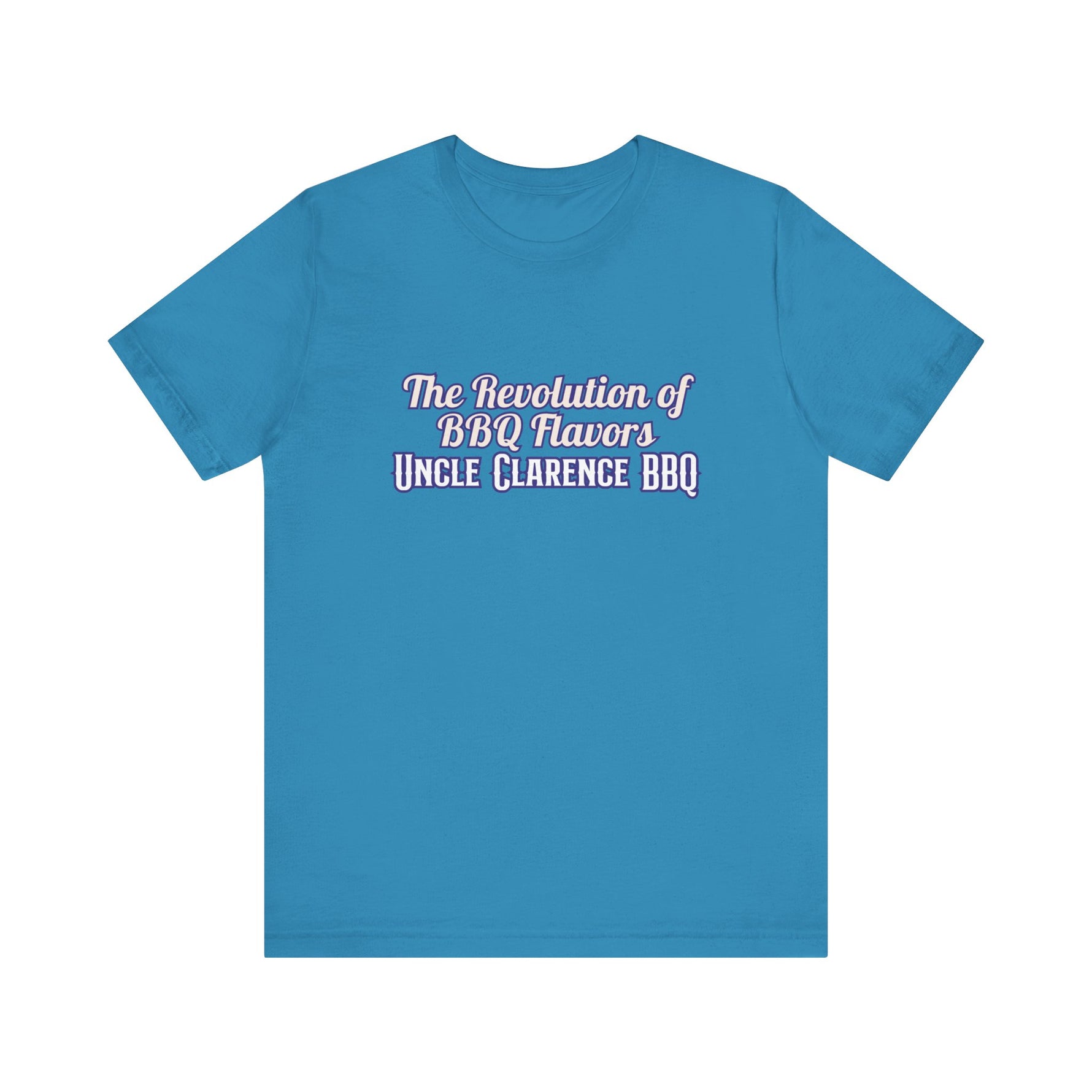 Revolution BBQ flavors t-shirt in blue featuring Uncle Clarence BBQ text design