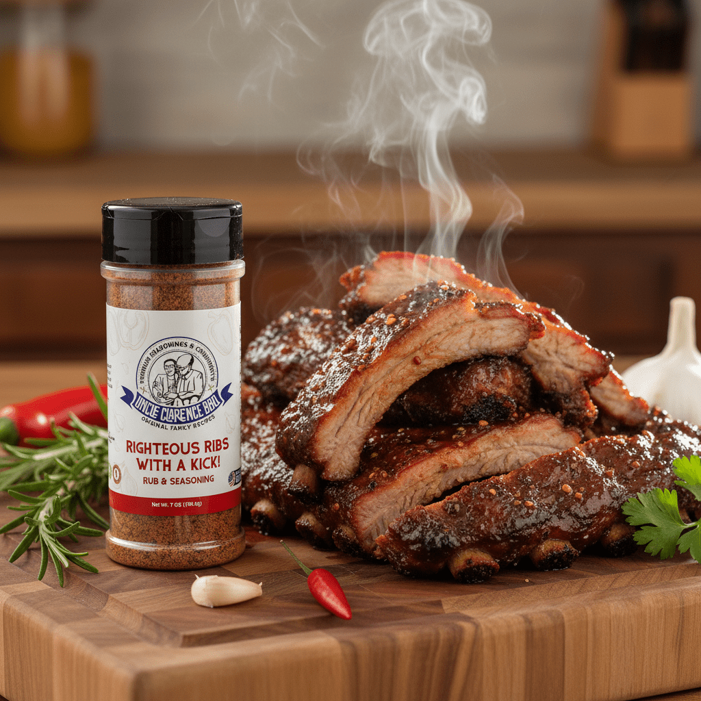 Uncle Clarence BBQ Righteous Ribs Rub With a Kick – Sweet Heat Rib Seasoning, All - Natural, Kosher Certified, 6.3 oz - Uncle Clarence BBQ